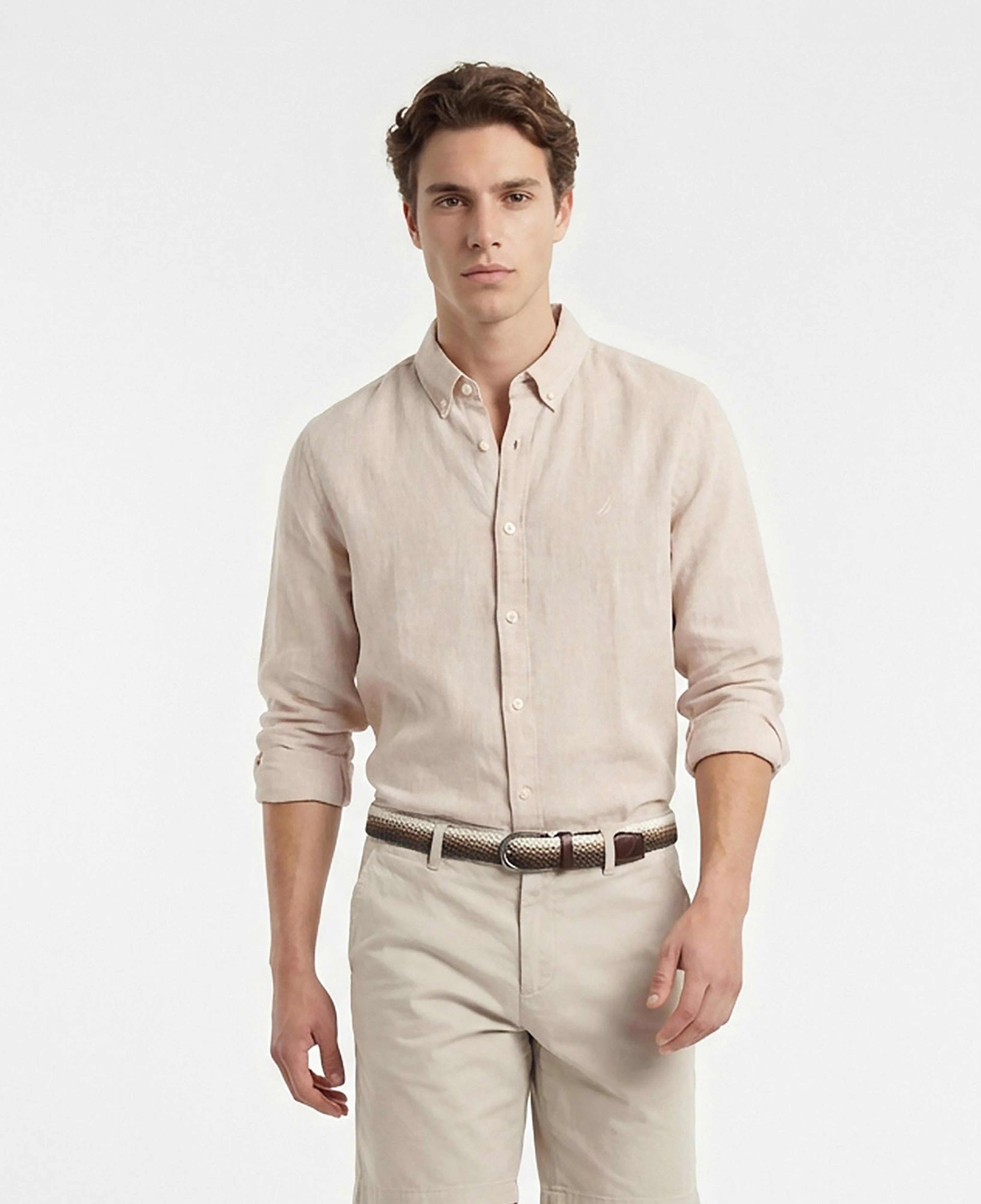 Nautica Erkek Bej Regular Fit Keten Gömlek