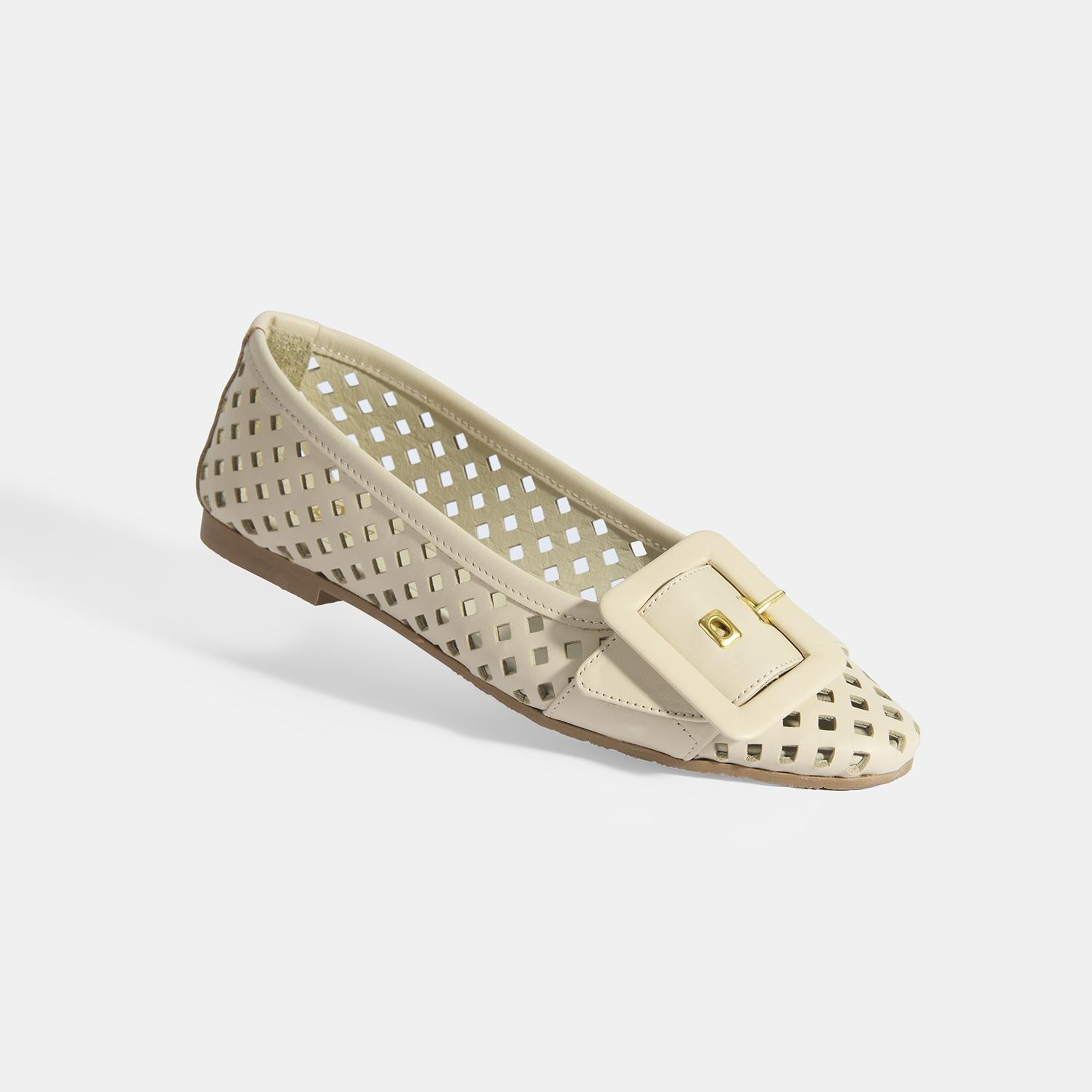 Kadın Bej Toka Aksesuarlı Perforeli Deri Babet