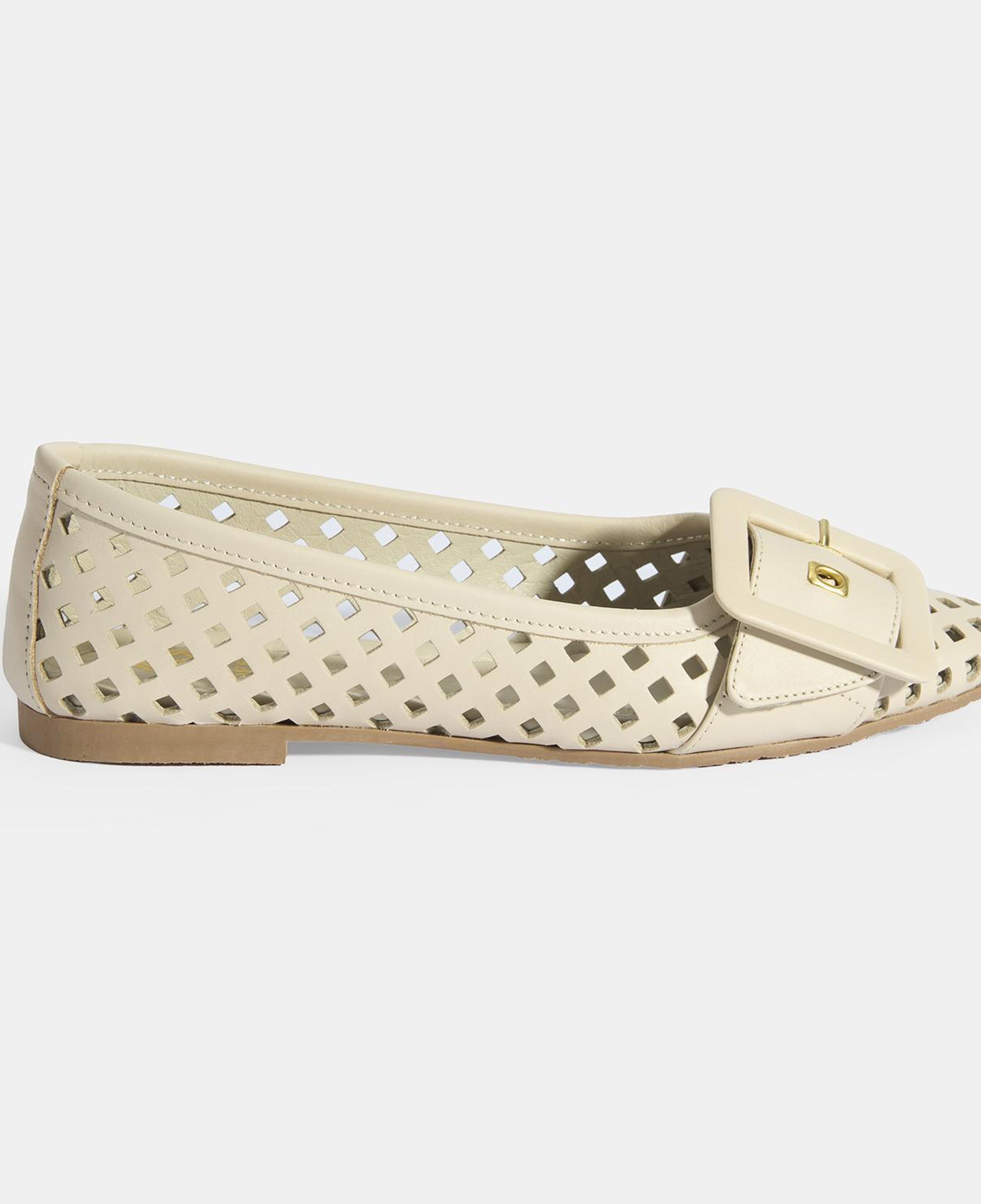 Kadın Bej Toka Aksesuarlı Perforeli Deri Babet