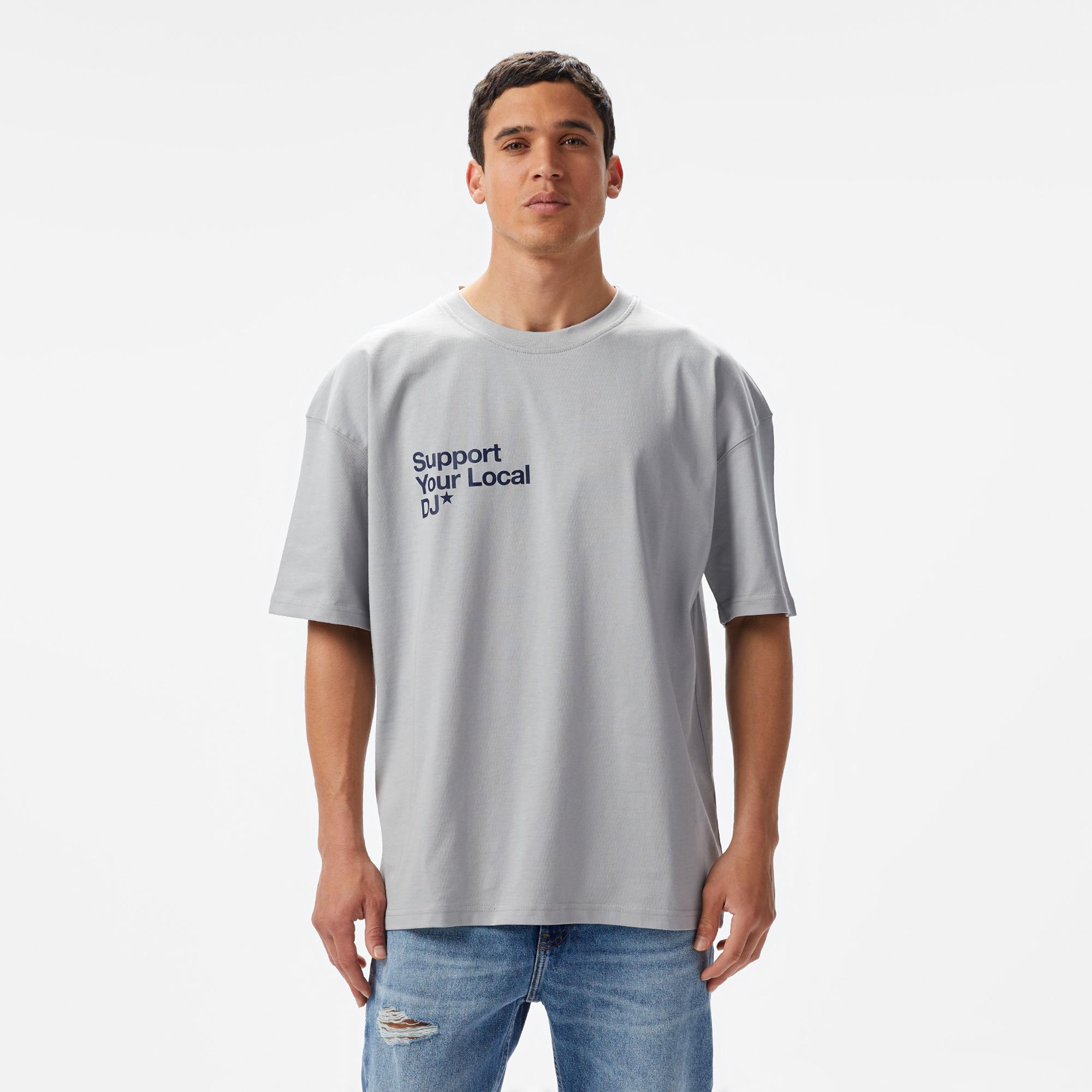 Aclothco X LFI Oversized Crew Neck Slogan Printed Unisex Gri T-Shirt