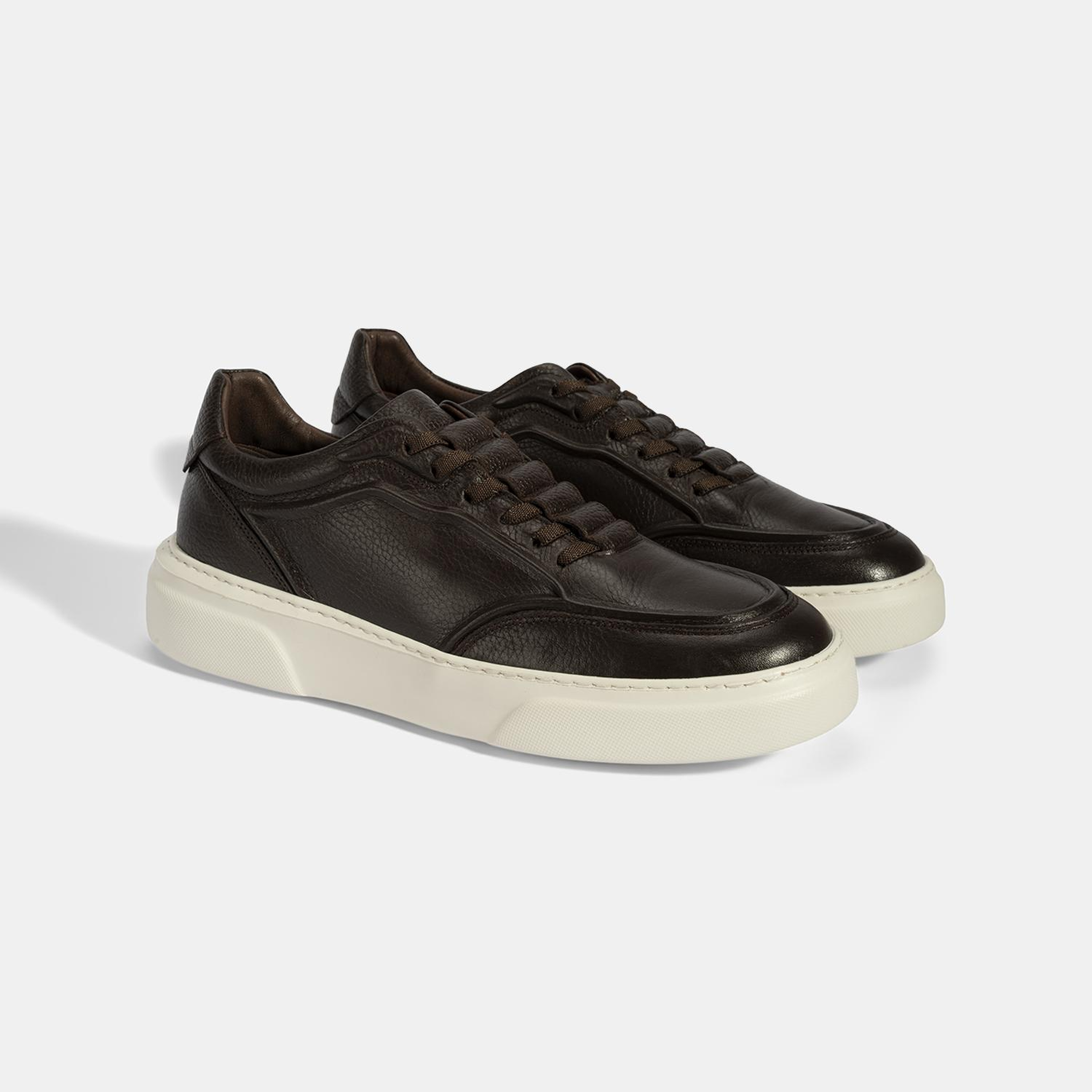 Erkek Kahve Bağcıklı Deri Sneaker