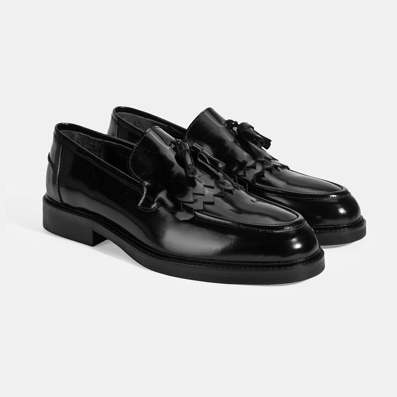 Erkek Siyah Püskül Detaylı Deri Loafer