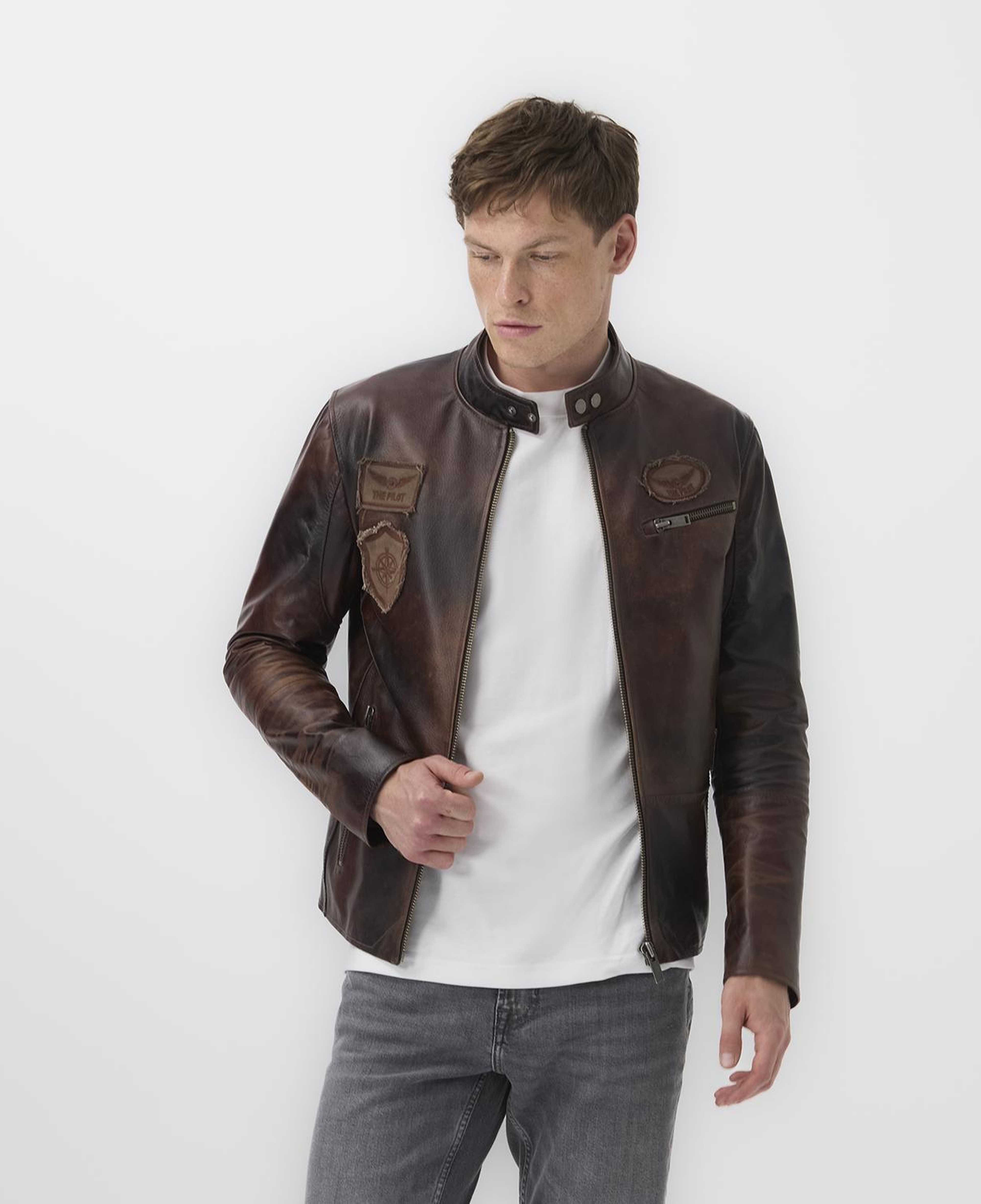 Kahve Erkek Vintage Deri Biker Ceket