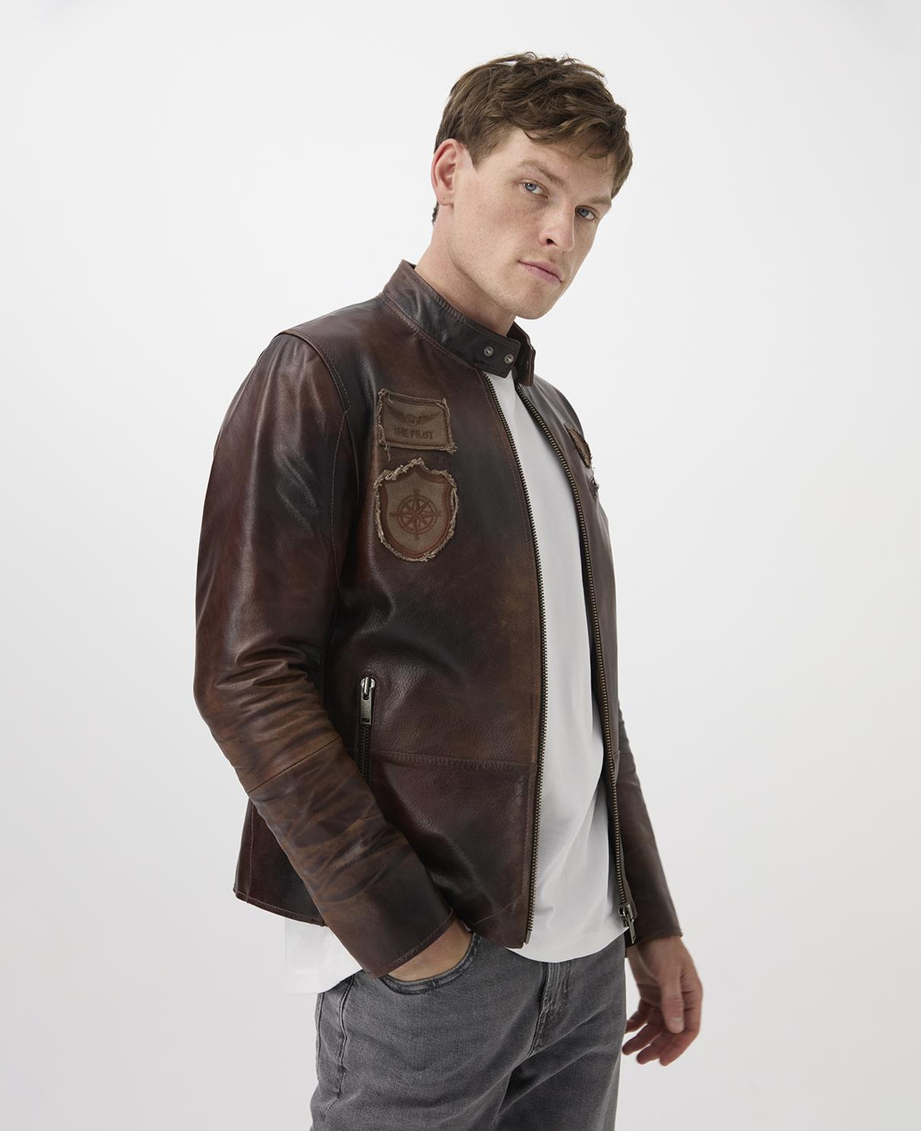 Kahve Erkek Vintage Deri Biker Ceket