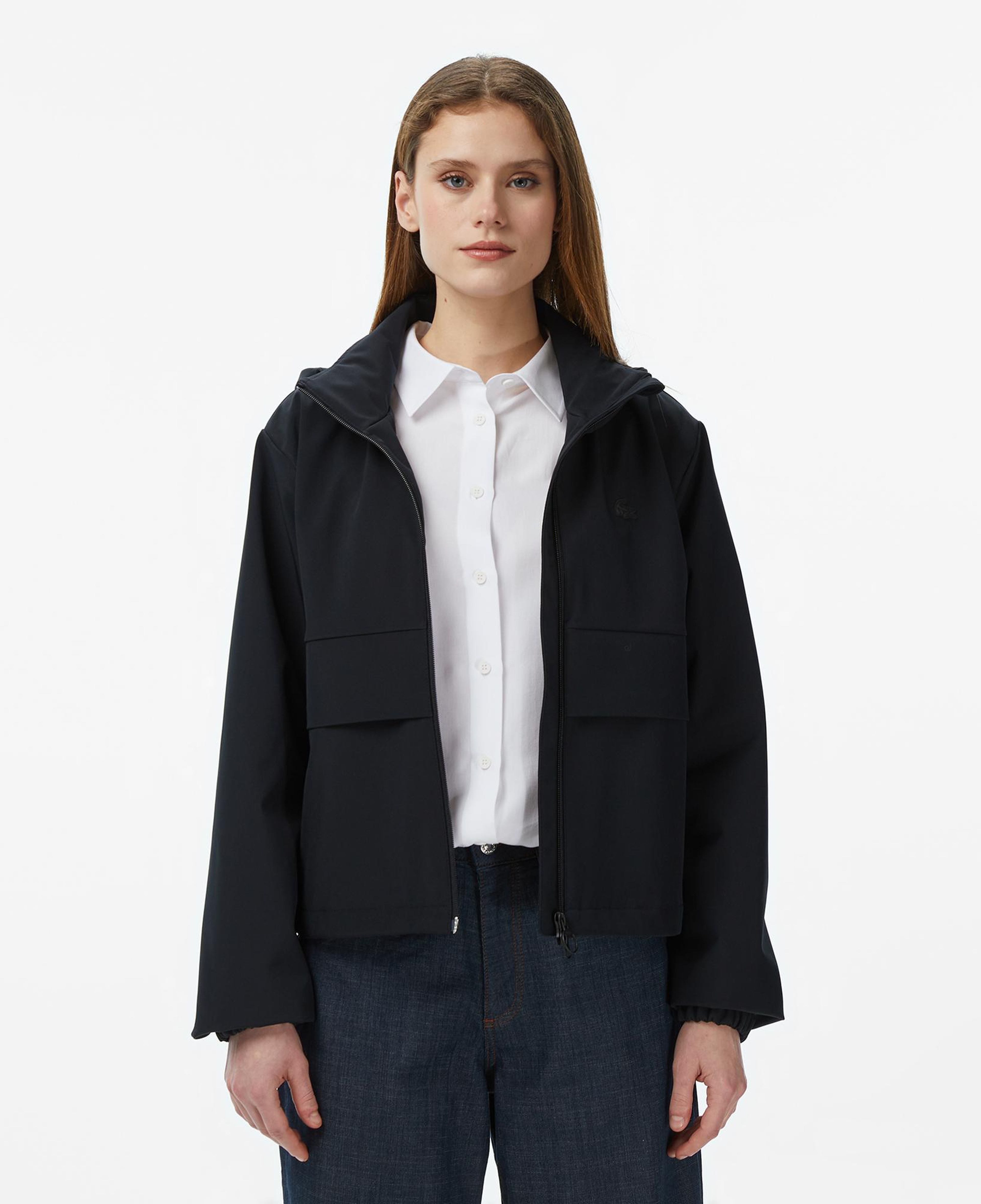 Lacoste Kadın Regular Fit Kapüşonlu Baskılı Siyah Yağmurluk