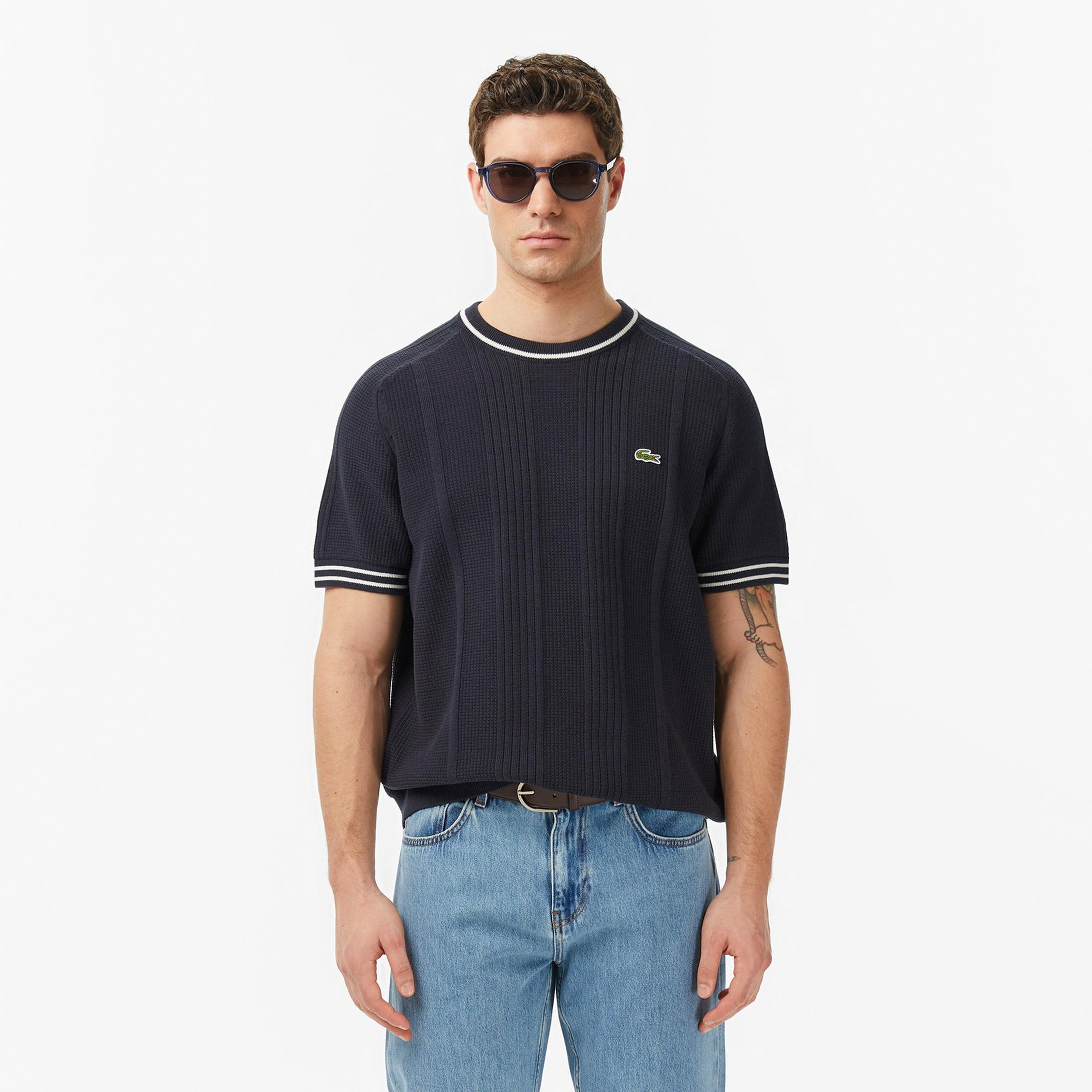 Lacoste Erkek Classic Fit Kısa Kollu Bisiklet Yaka Çizgili Koyu Gri Triko