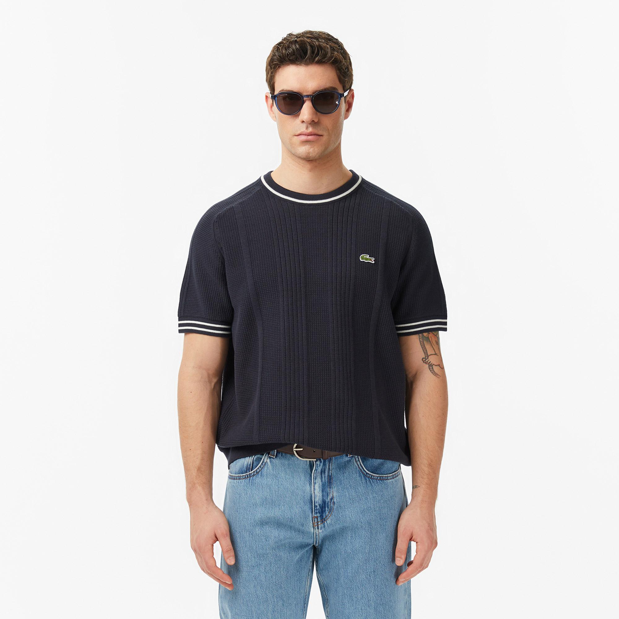 Lacoste Erkek Classic Fit Kısa Kollu Bisiklet Yaka Çizgili Koyu Gri Triko