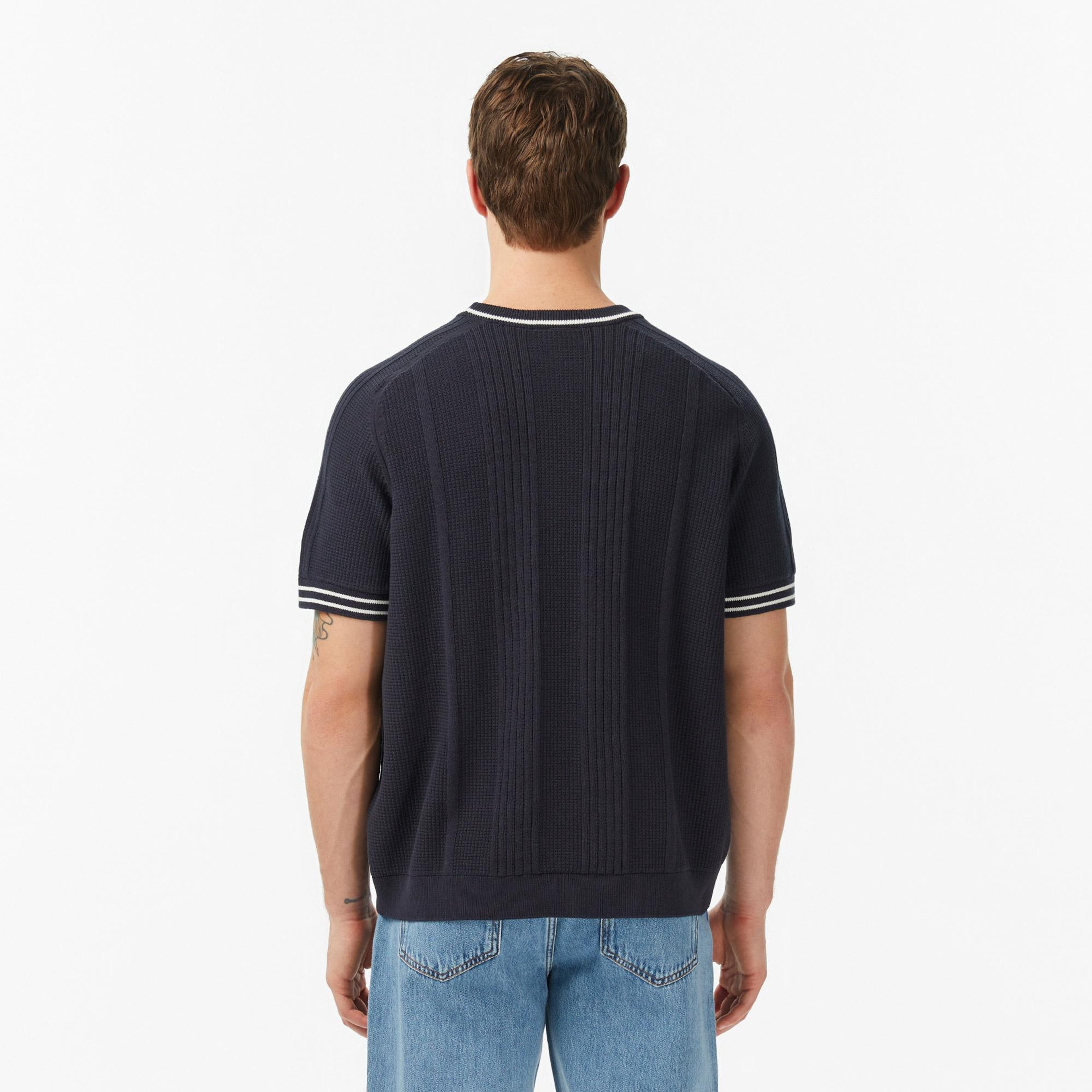 Lacoste Erkek Classic Fit Kısa Kollu Bisiklet Yaka Çizgili Koyu Gri Triko