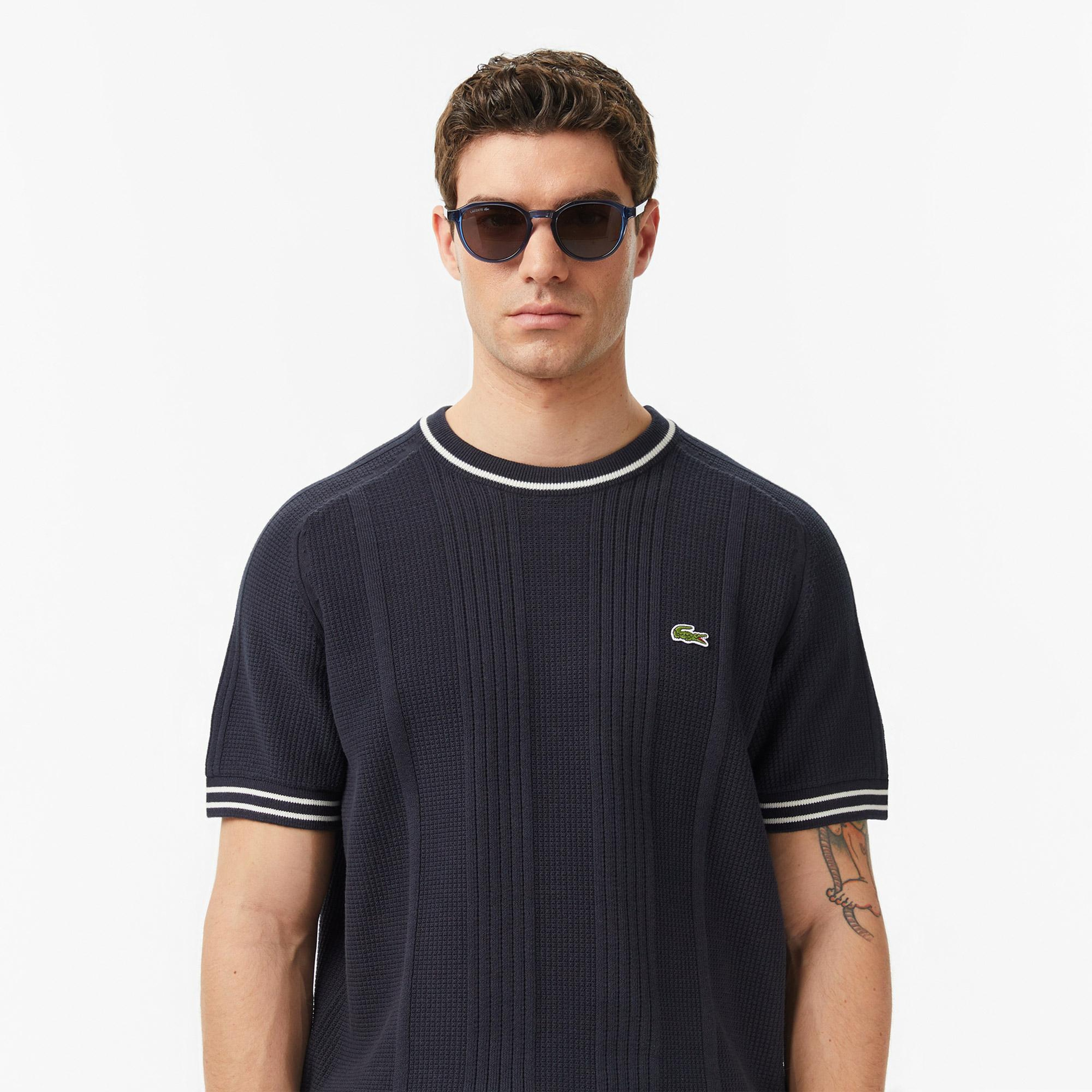 Lacoste Erkek Classic Fit Kısa Kollu Bisiklet Yaka Çizgili Koyu Gri Triko