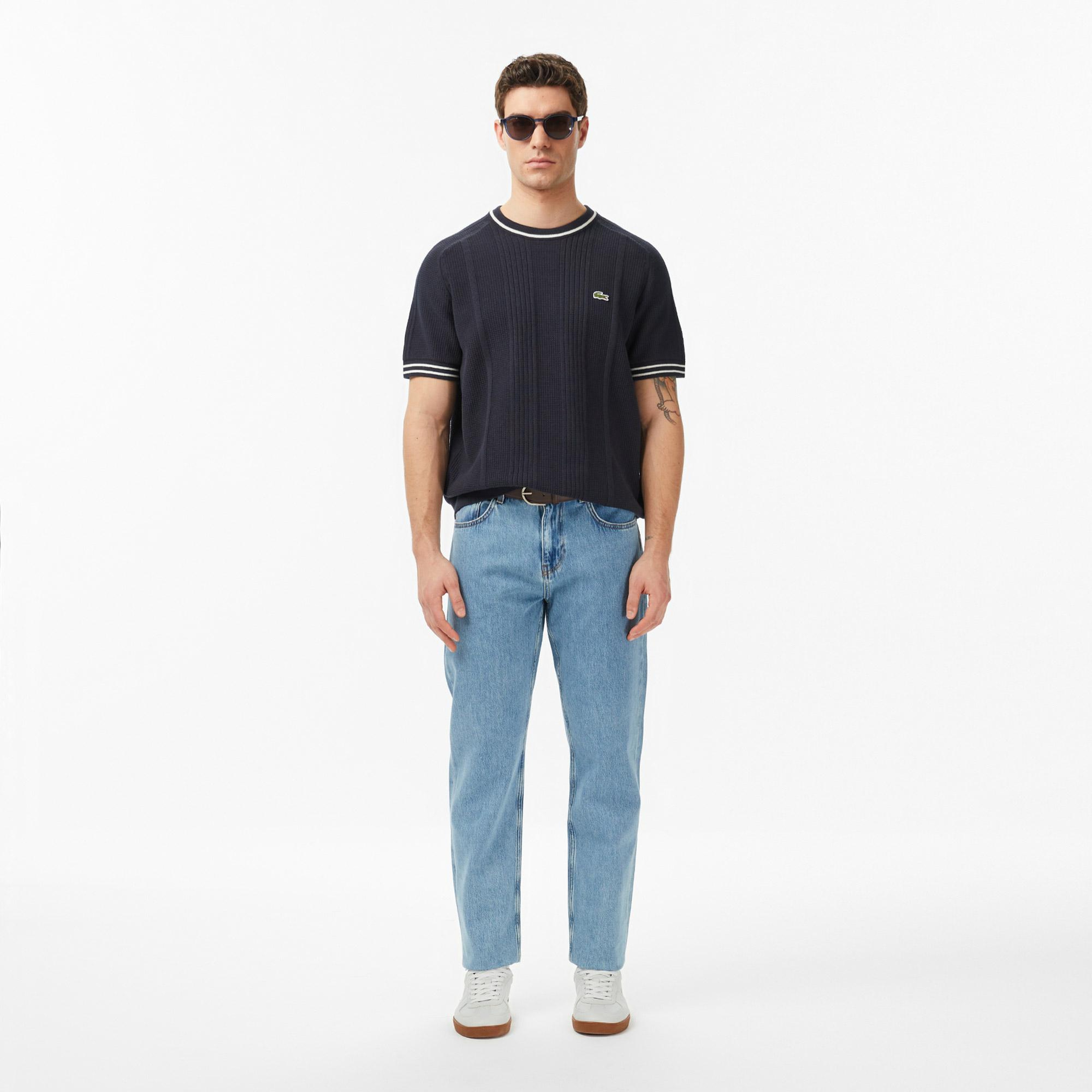 Lacoste Erkek Classic Fit Kısa Kollu Bisiklet Yaka Çizgili Koyu Gri Triko