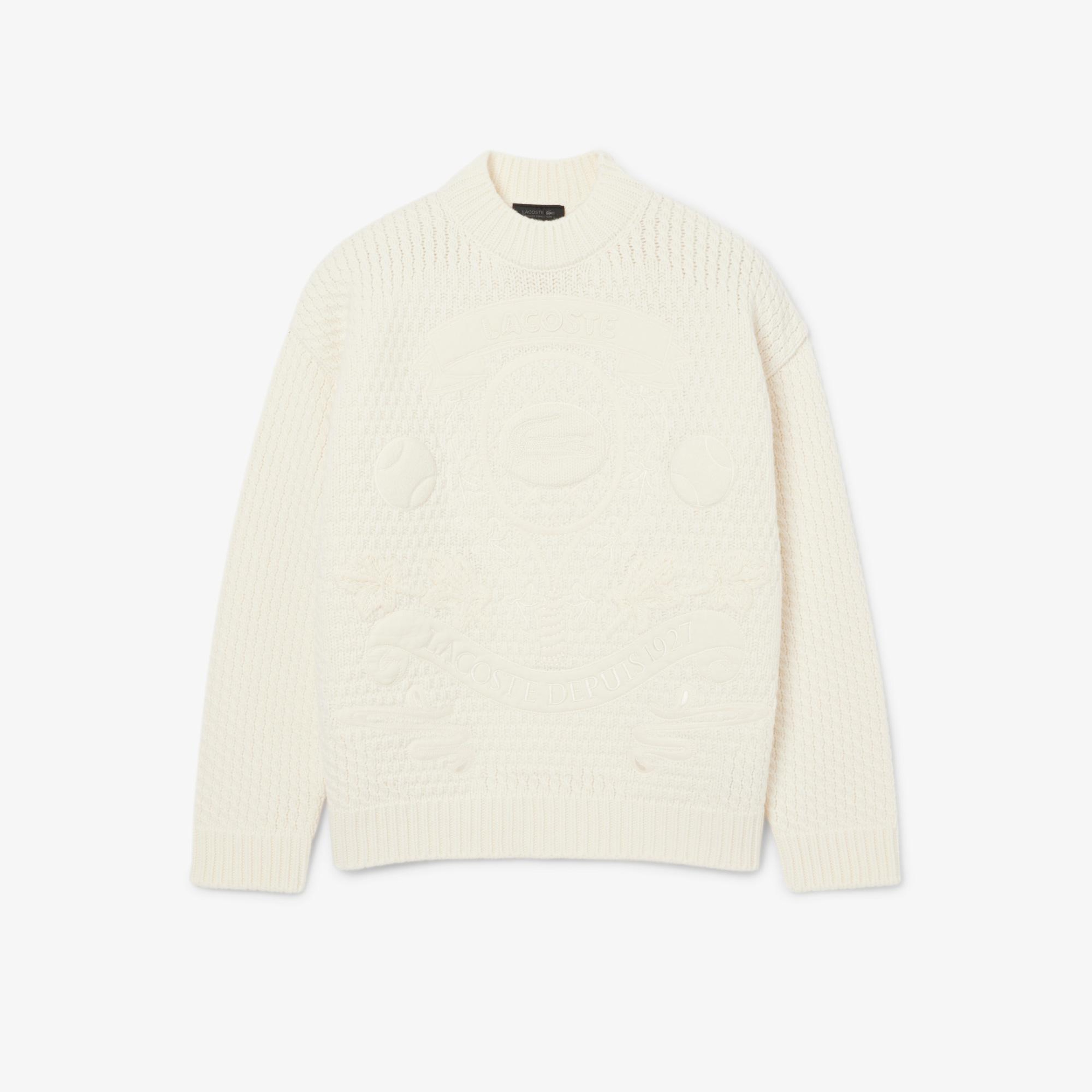 Lacoste FW25 RUNWAY Erkek Oversize Fit Bisiklet Yaka Baskılı Yün Beyaz Kazak