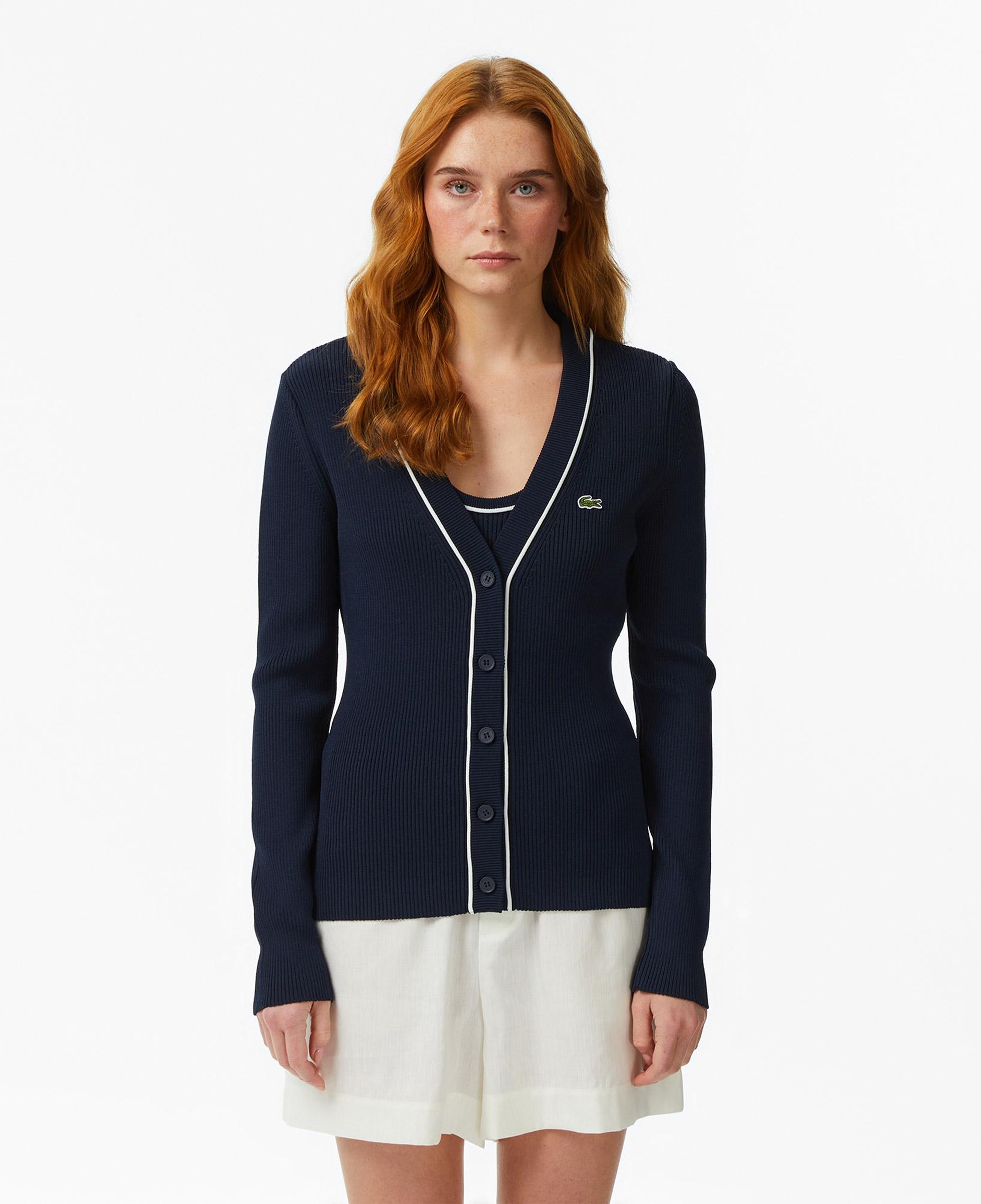 Lacoste Kadın Slim Fit V Yaka Lacivert Hırka