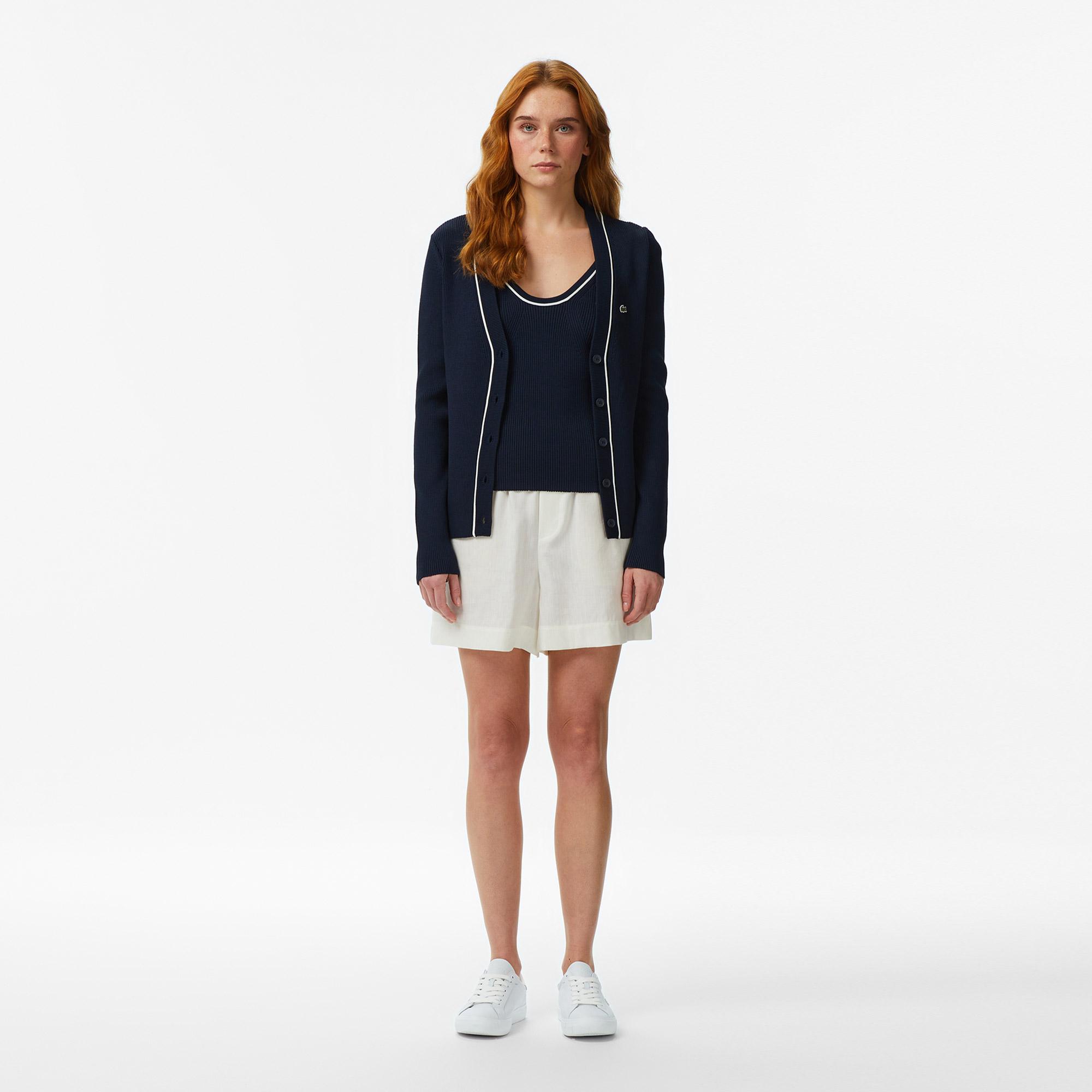 Lacoste Kadın Slim Fit V Yaka Lacivert Hırka