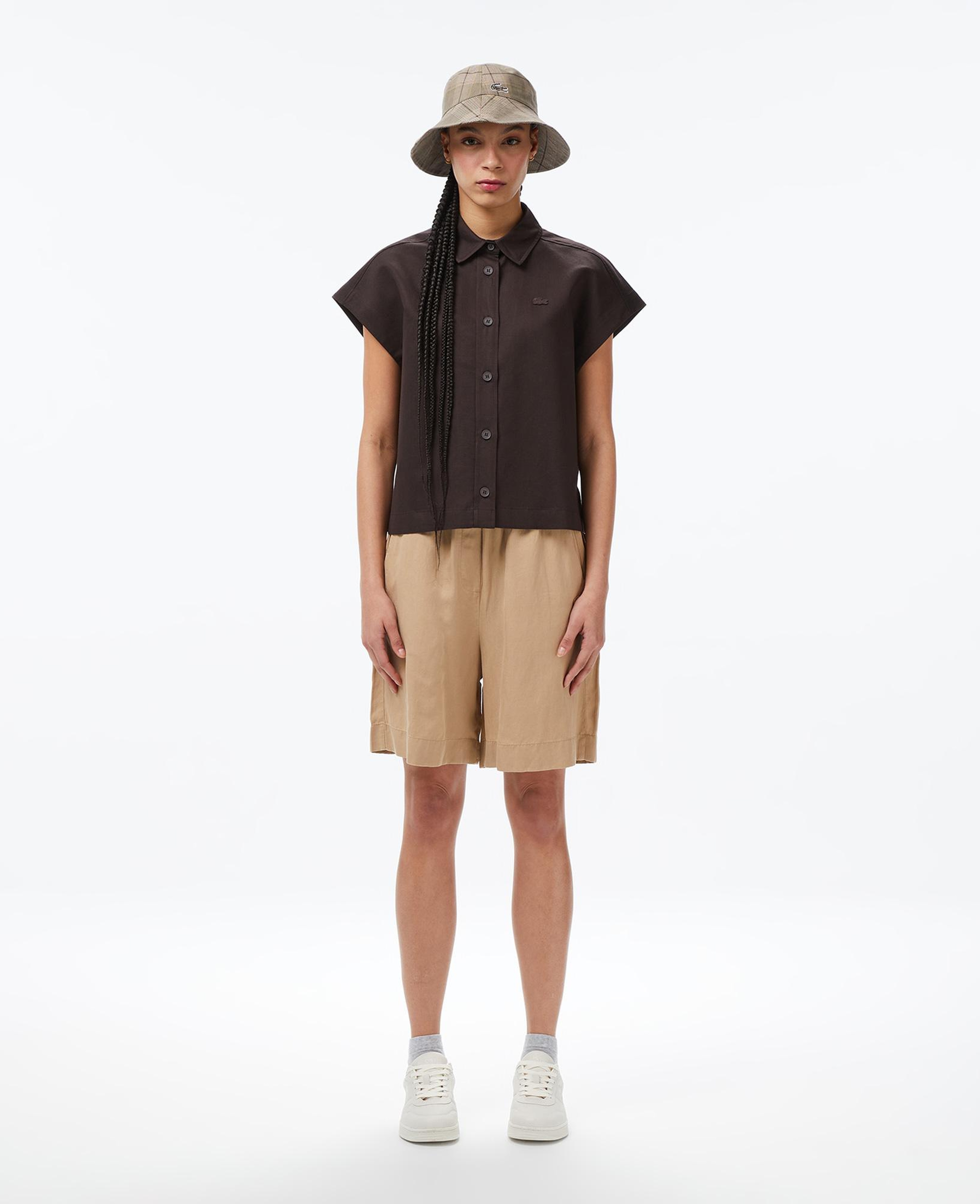Lacoste Kadın Regular Fit Kısa Kollu Düğmeli Yaka Kahverengi Gömlek