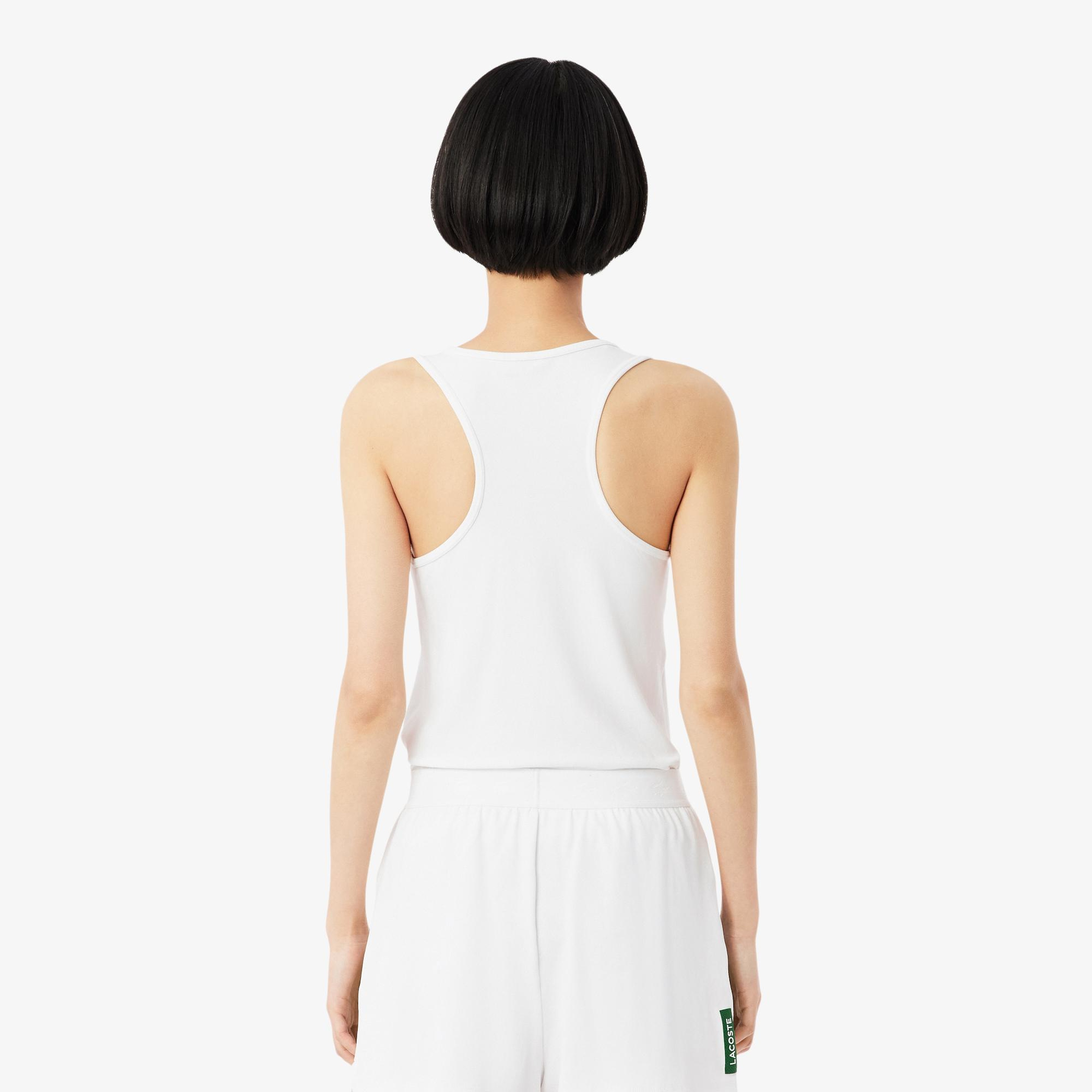 Lacoste Kadın Slim Fit Kolsuz Bisiklet Yaka Beyaz T-Shirt
