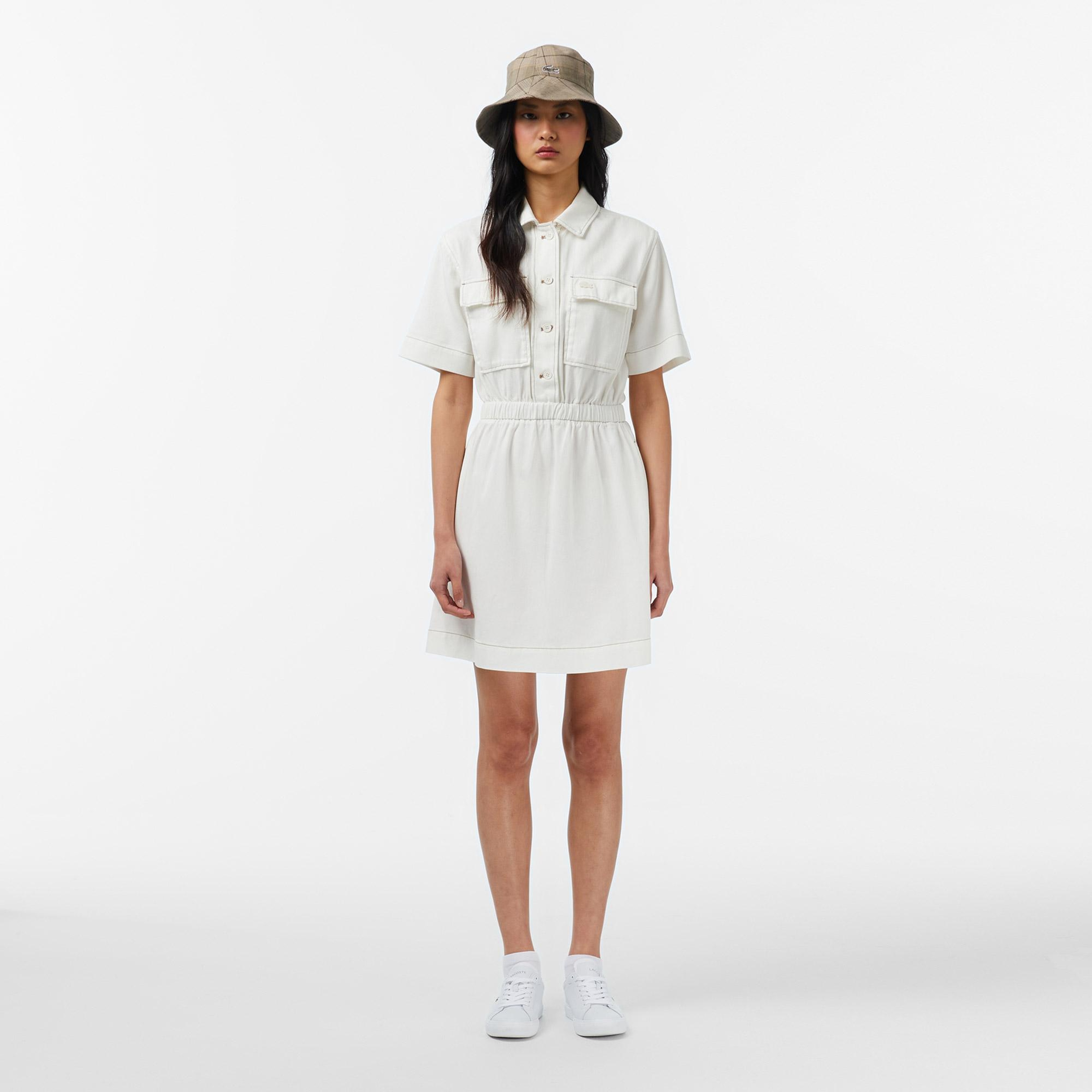 Lacoste Kadın Flare Fit Kısa Kollu Krem Elbise