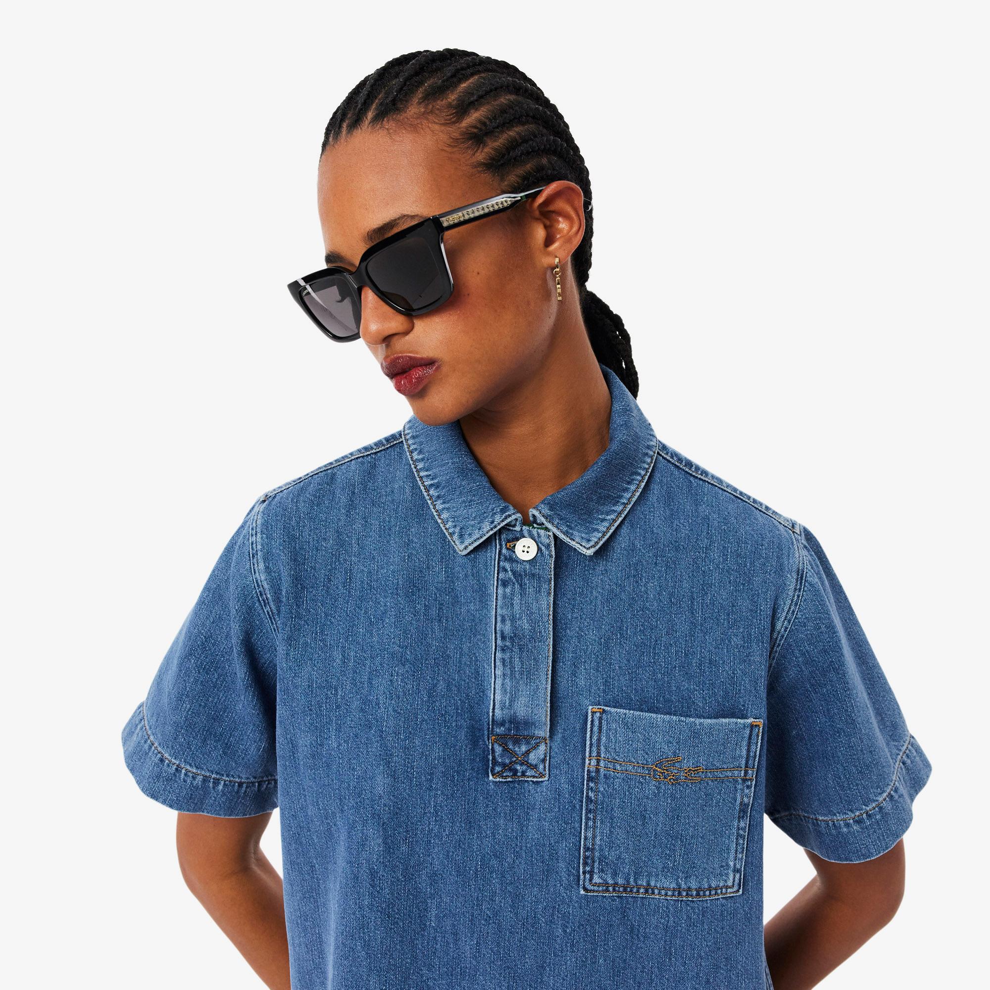 Lacoste Kadın Oversize Fit Kısa Kollu Polo Yaka Denim Mavi Elbise