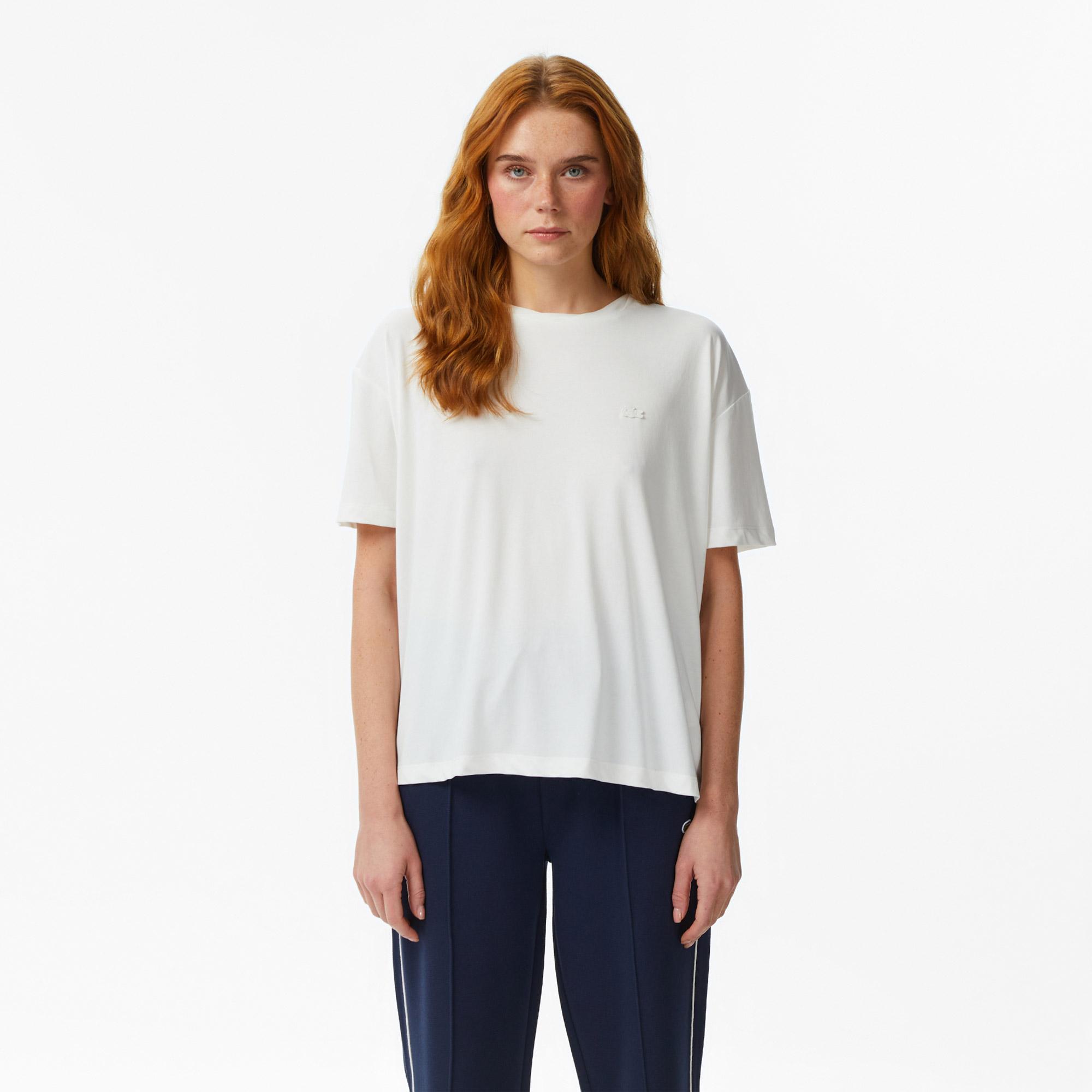 Lacoste Kadın Relaxed Fit Bisiklet Yaka Beyaz T-Shirt