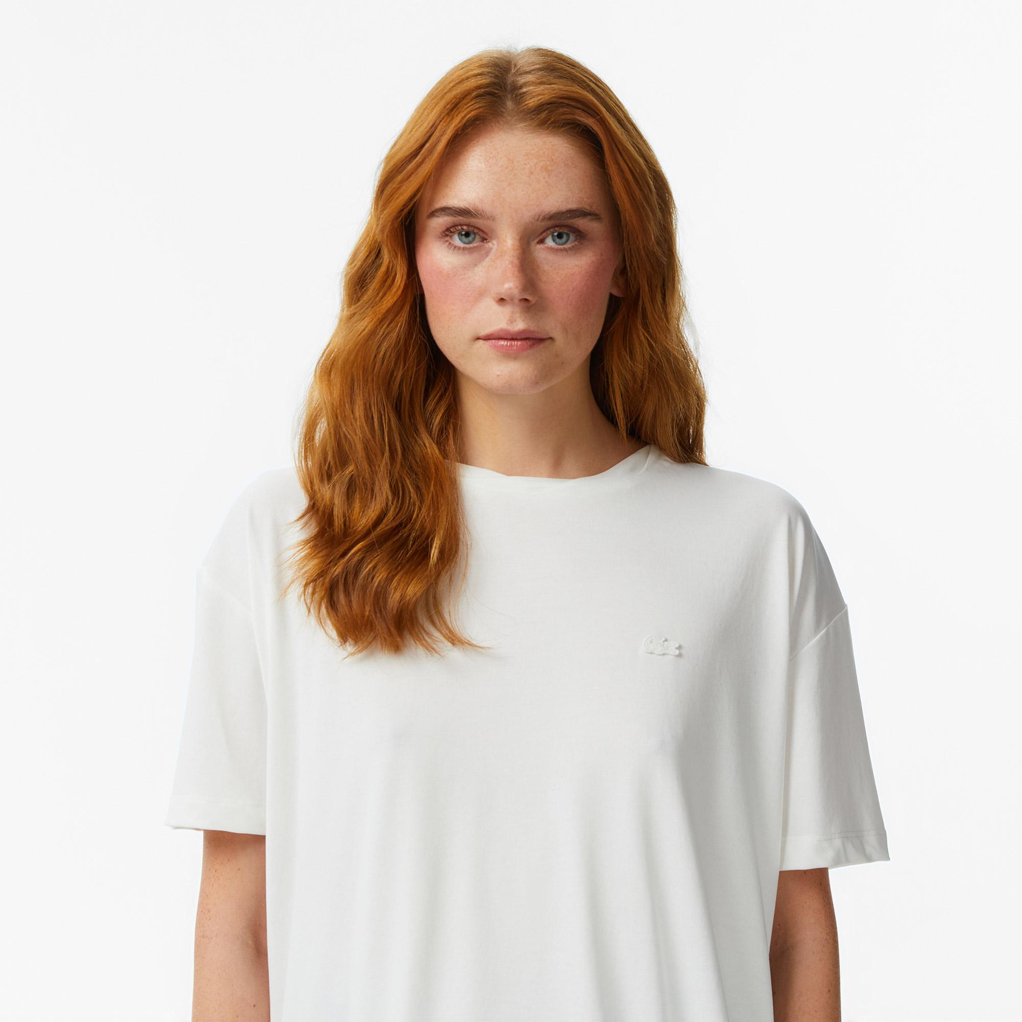 Lacoste Kadın Relaxed Fit Bisiklet Yaka Beyaz T-Shirt