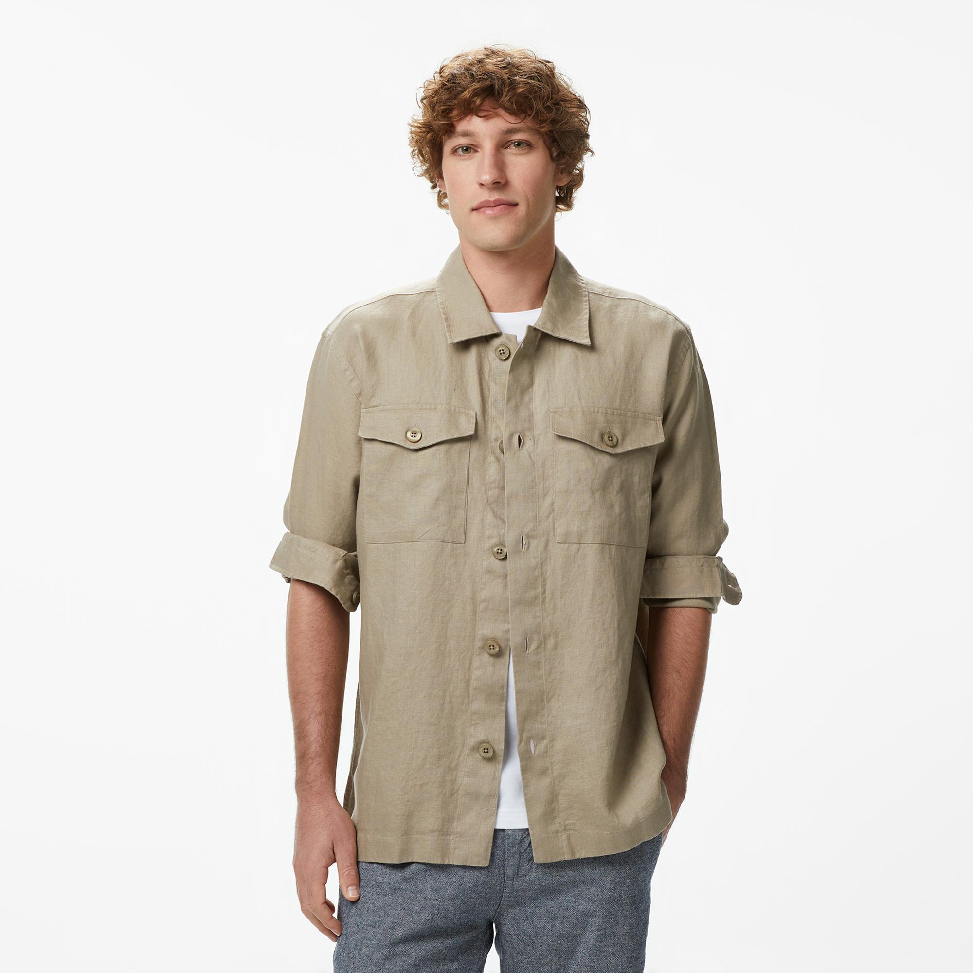 Nautica Erkek Bej Regular Fit Keten Gömlek