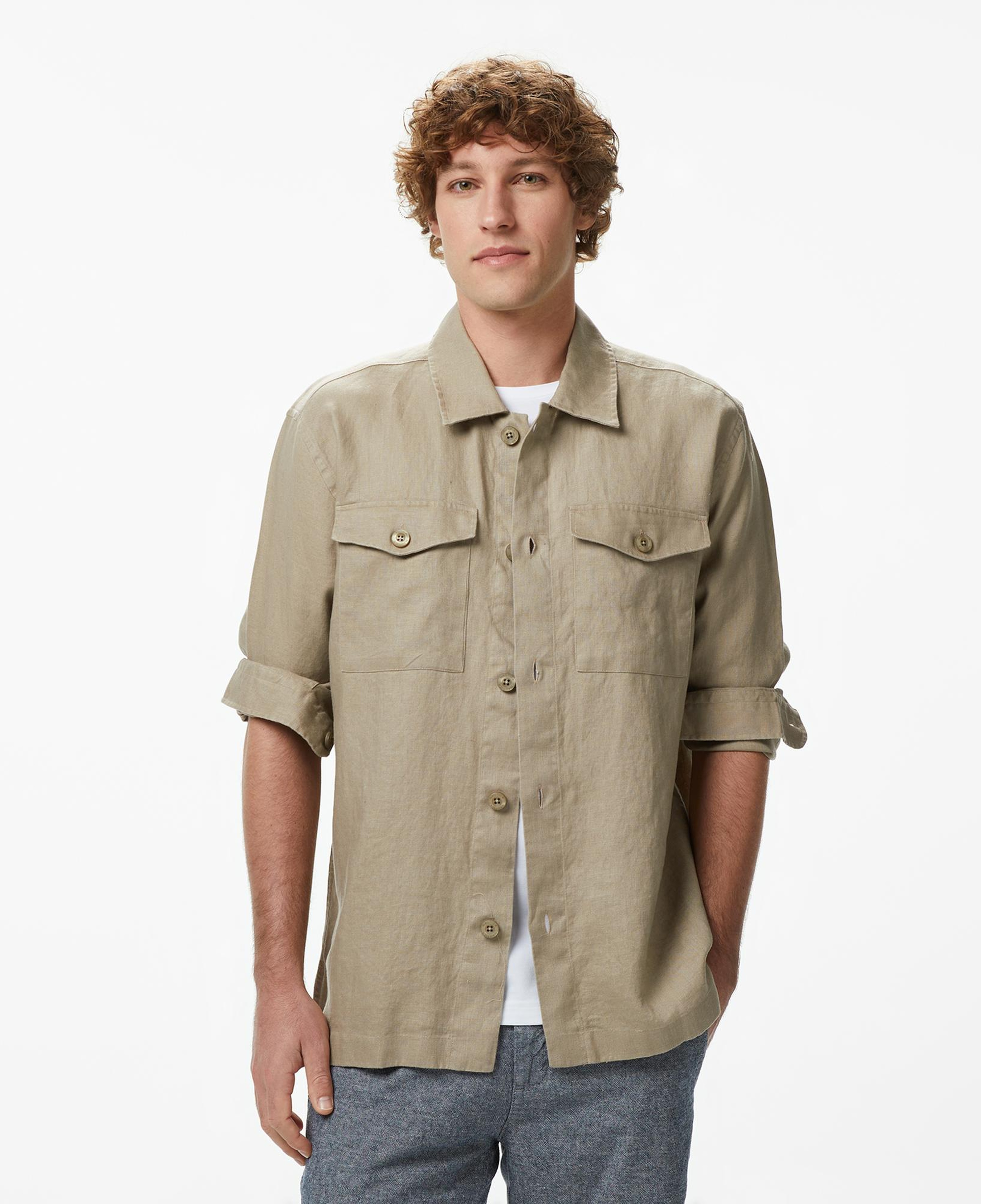Nautica Erkek Bej Regular Fit Keten Gömlek