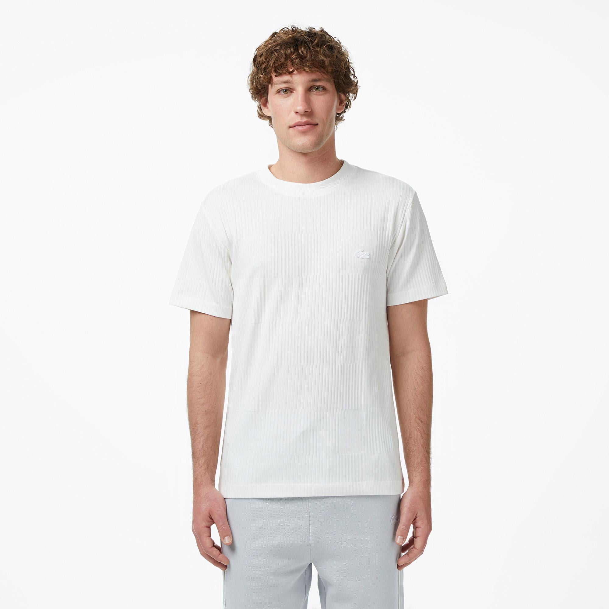 Lacoste Erkek Regular Fit Bisiklet Yaka Çizgili Beyaz T-Shirt