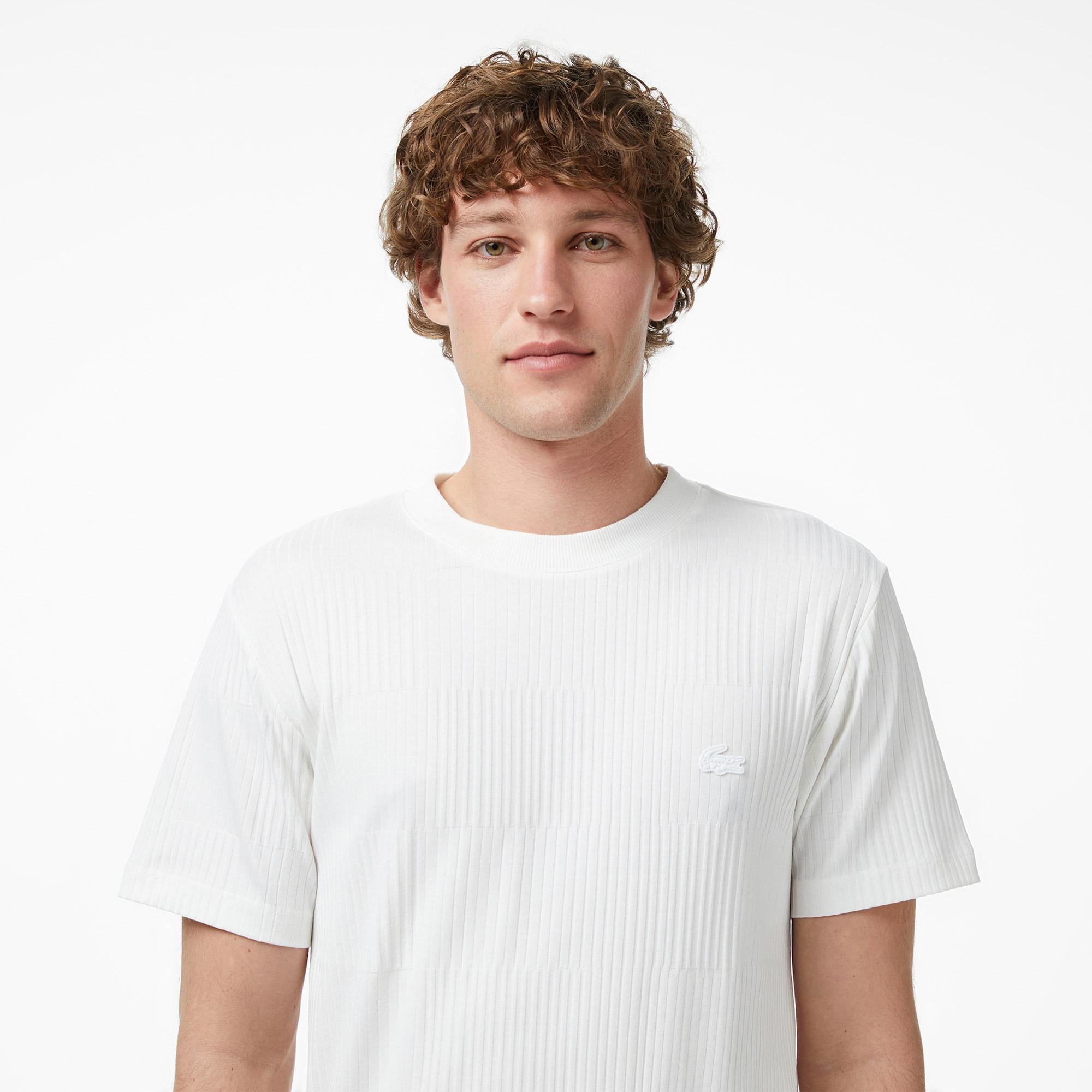 Lacoste Erkek Regular Fit Bisiklet Yaka Çizgili Beyaz T-Shirt