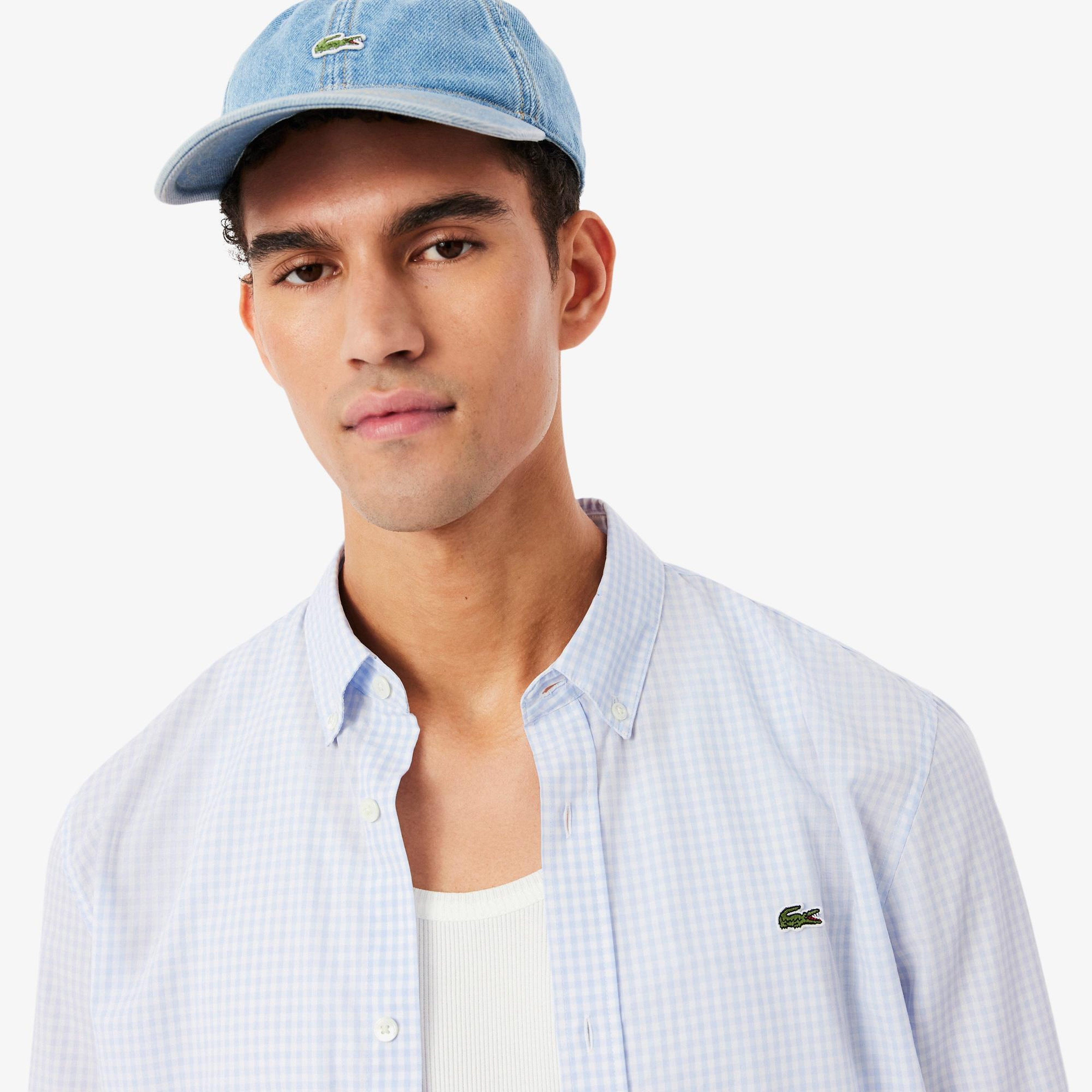 Lacoste Erkek Regular Fit Düğmeli Yaka Ekose Açık Mavi Gömlek