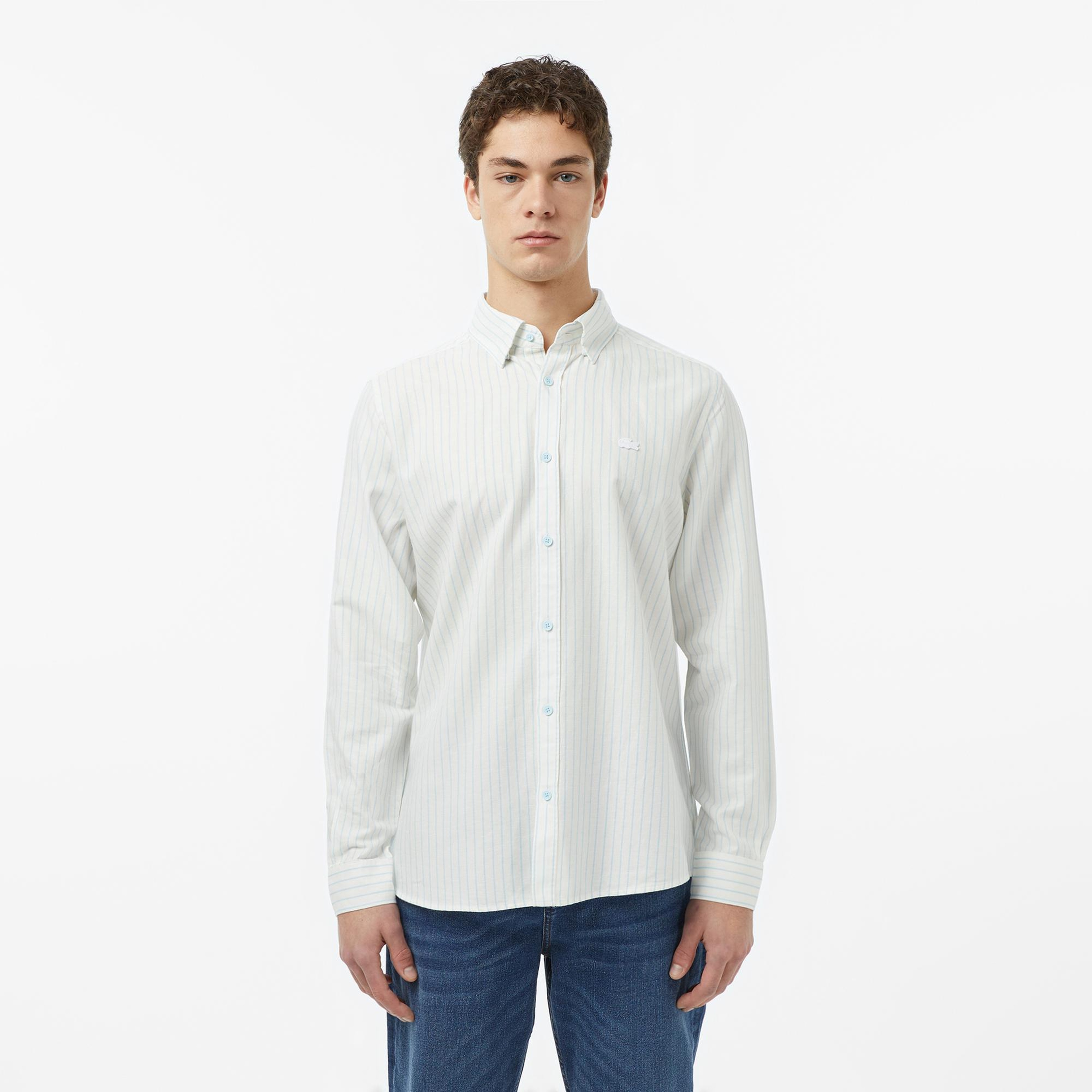 Lacoste Erkek Reguar Fit Çizgili Beyaz Gömlek
