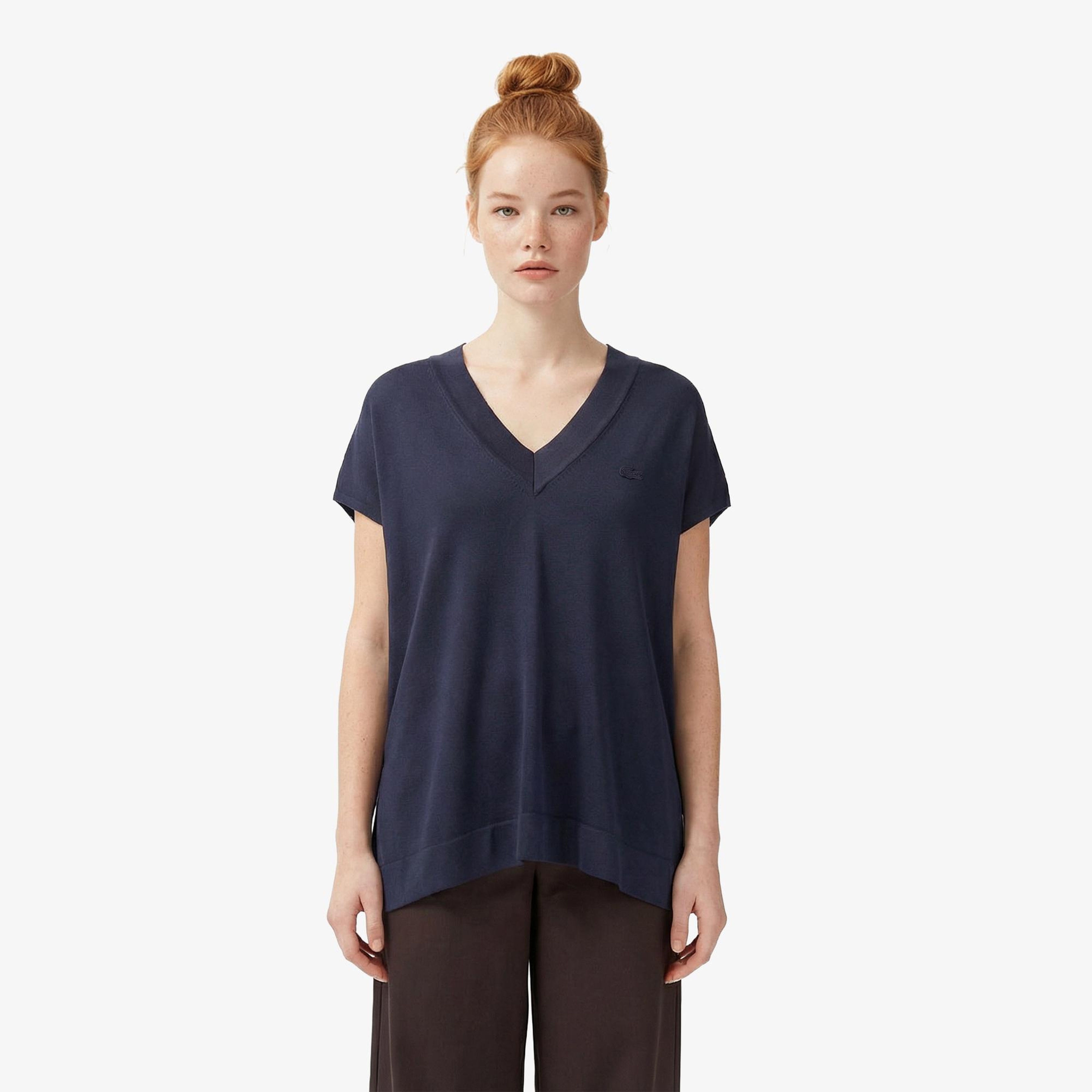 Lacoste Kadın Relaxed Fit Kısa Kollu V Yaka Koyu Gri Triko