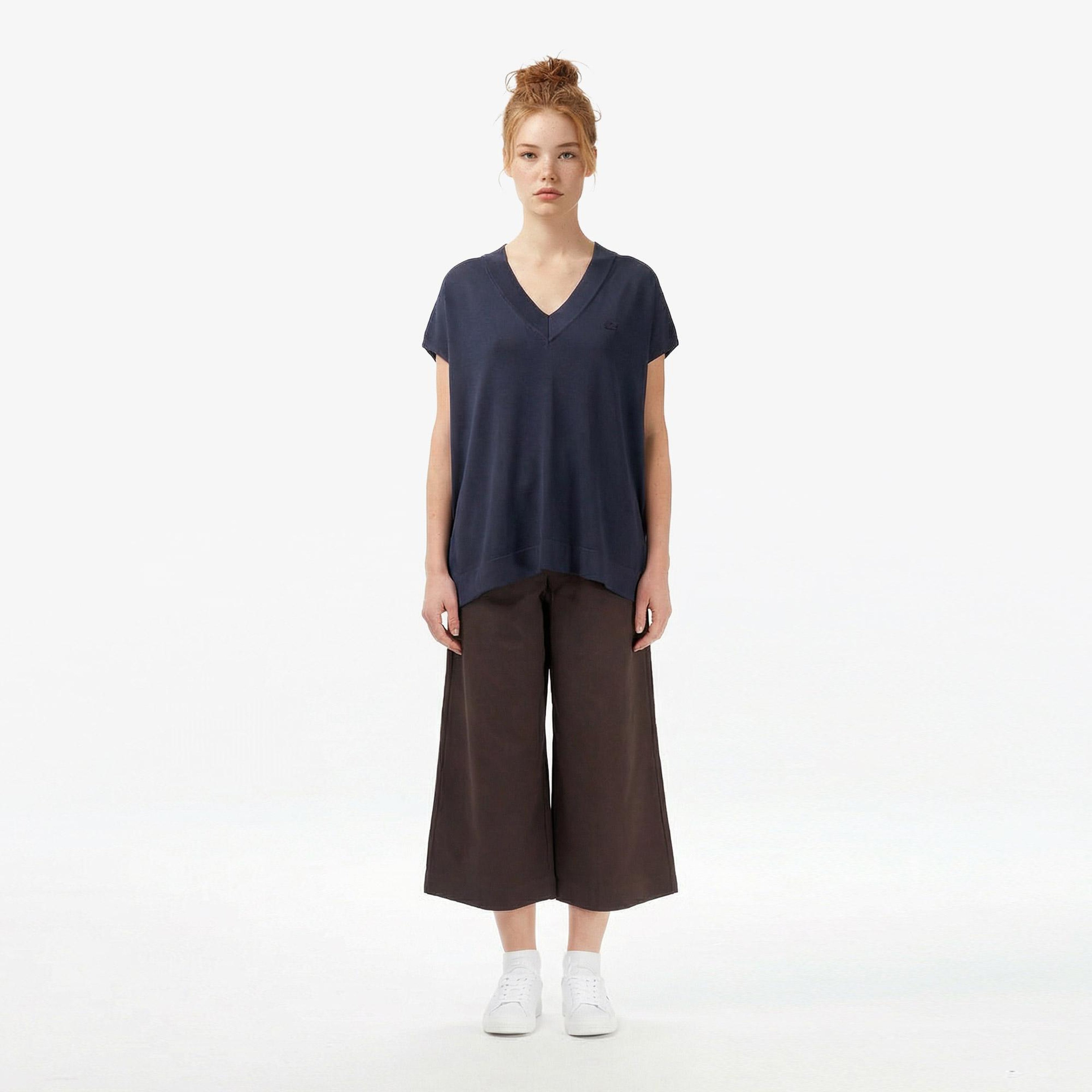 Lacoste Kadın Relaxed Fit Kısa Kollu V Yaka Koyu Gri Triko