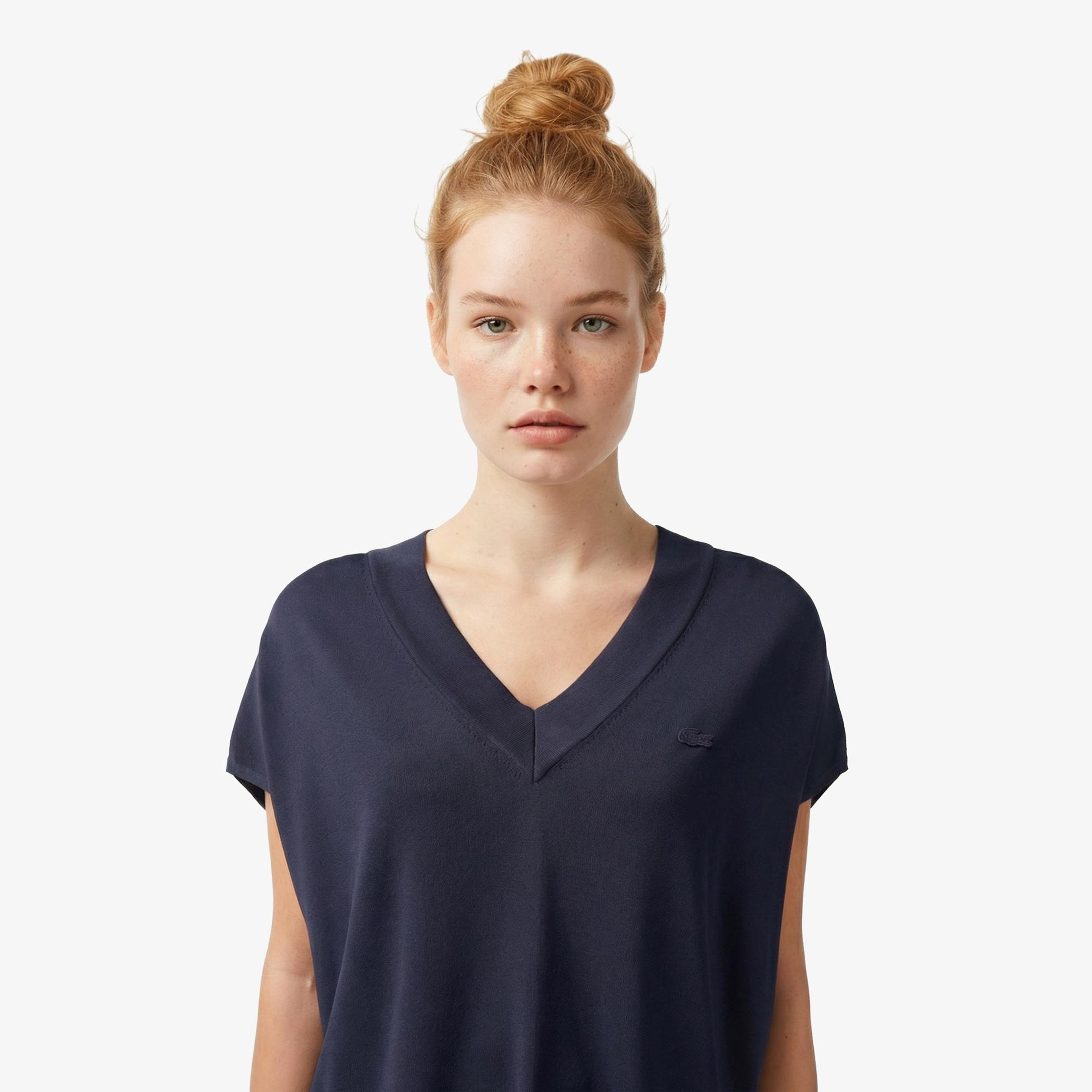 Lacoste Kadın Relaxed Fit Kısa Kollu V Yaka Koyu Gri Triko