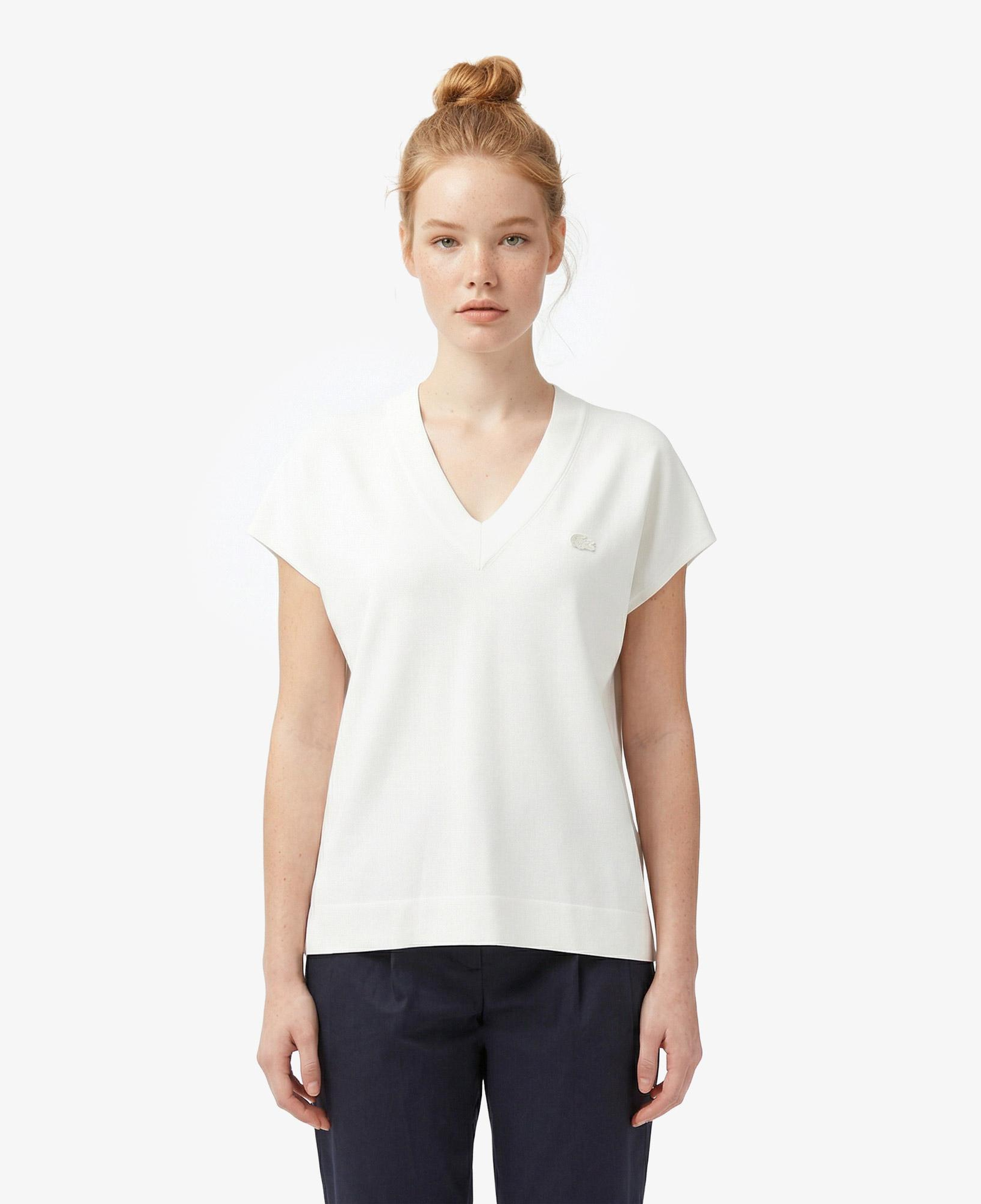 Lacoste Kadın Relaxed Fit Kısa Kollu V Yaka Beyaz Triko