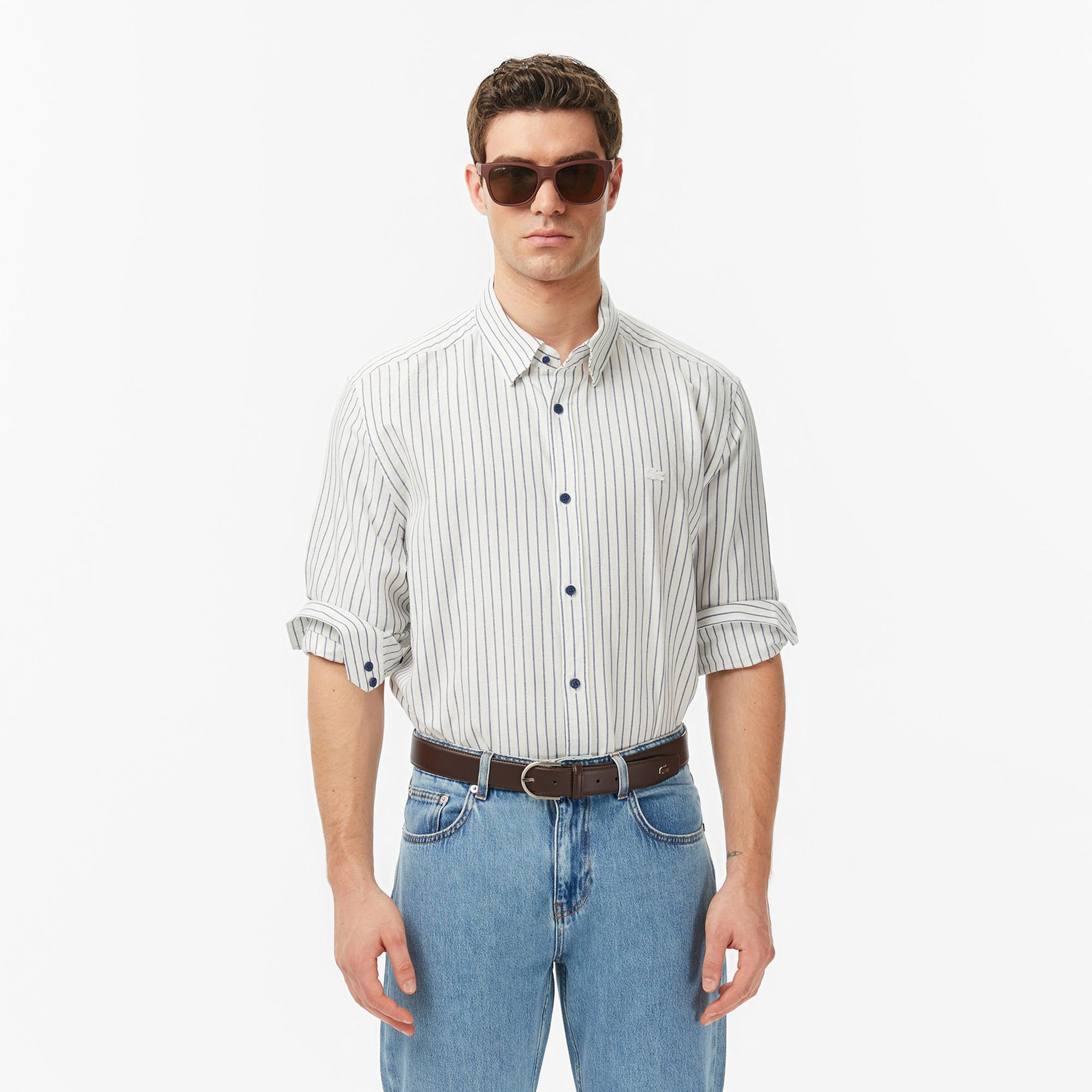 Lacoste Erkek Regular Fit Çizgili Koyu Mavi Gömlek