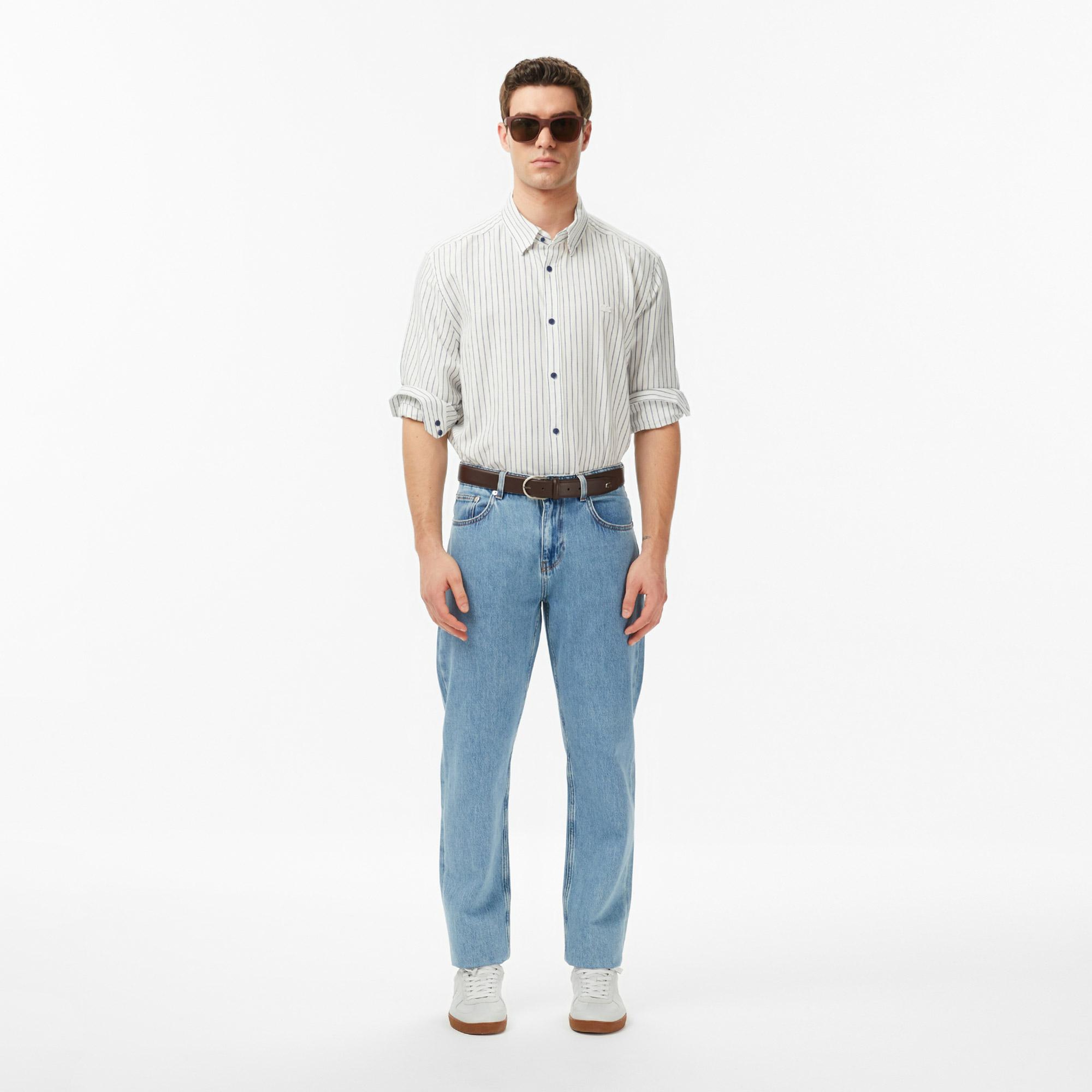 Lacoste Erkek Regular Fit Çizgili Koyu Mavi Gömlek