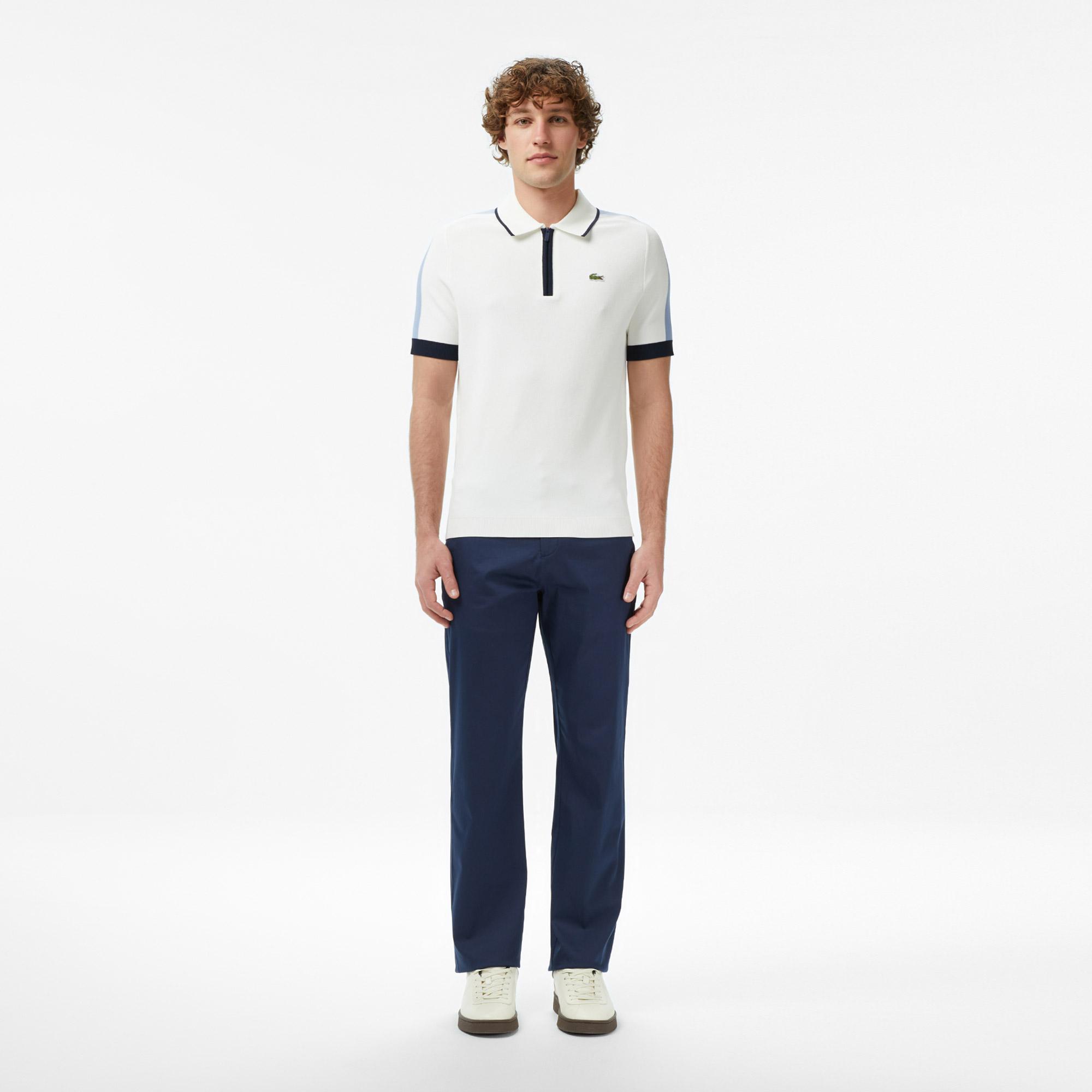 Lacoste Erkek Classic Fit Kısa Kollu Yarım Fermuarlı Beyaz Triko