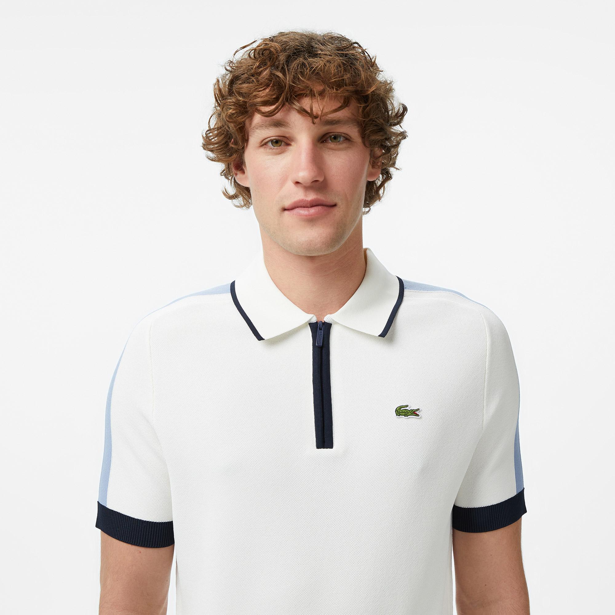 Lacoste Erkek Classic Fit Kısa Kollu Yarım Fermuarlı Beyaz Triko