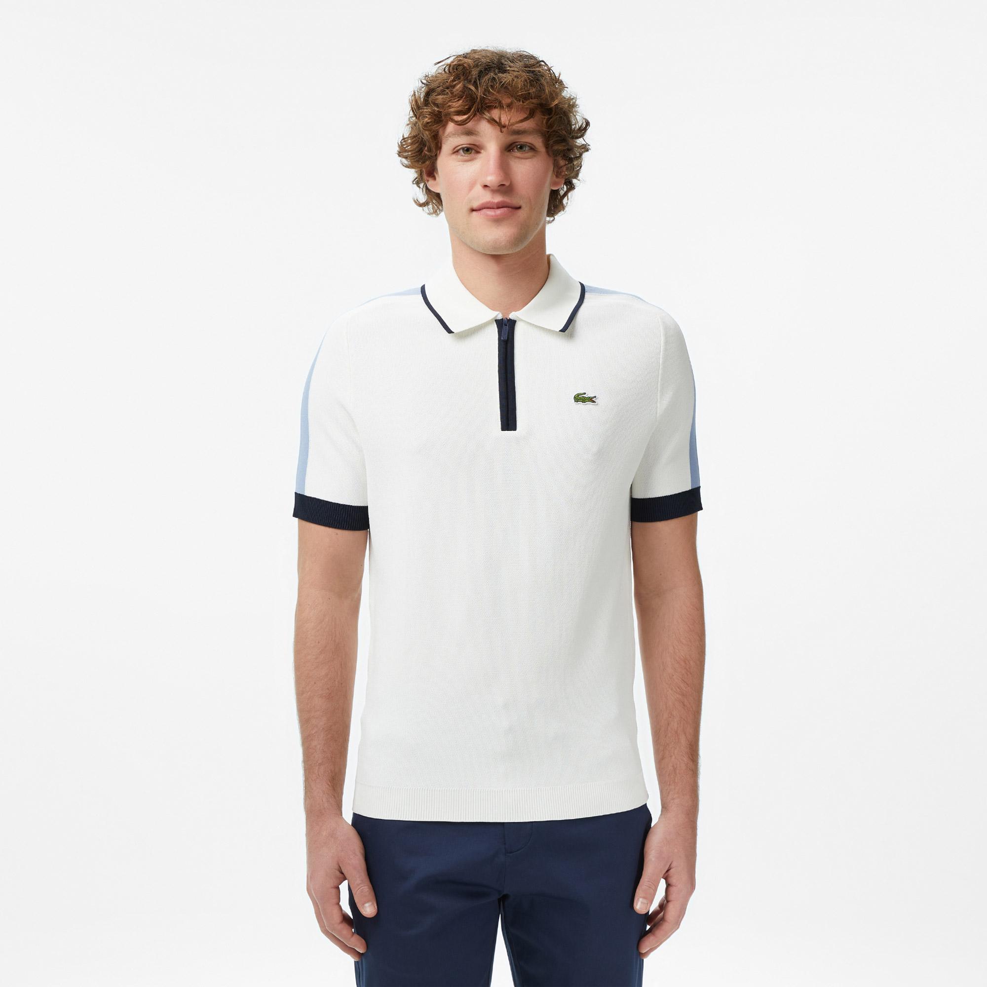 Lacoste Erkek Classic Fit Kısa Kollu Yarım Fermuarlı Beyaz Triko