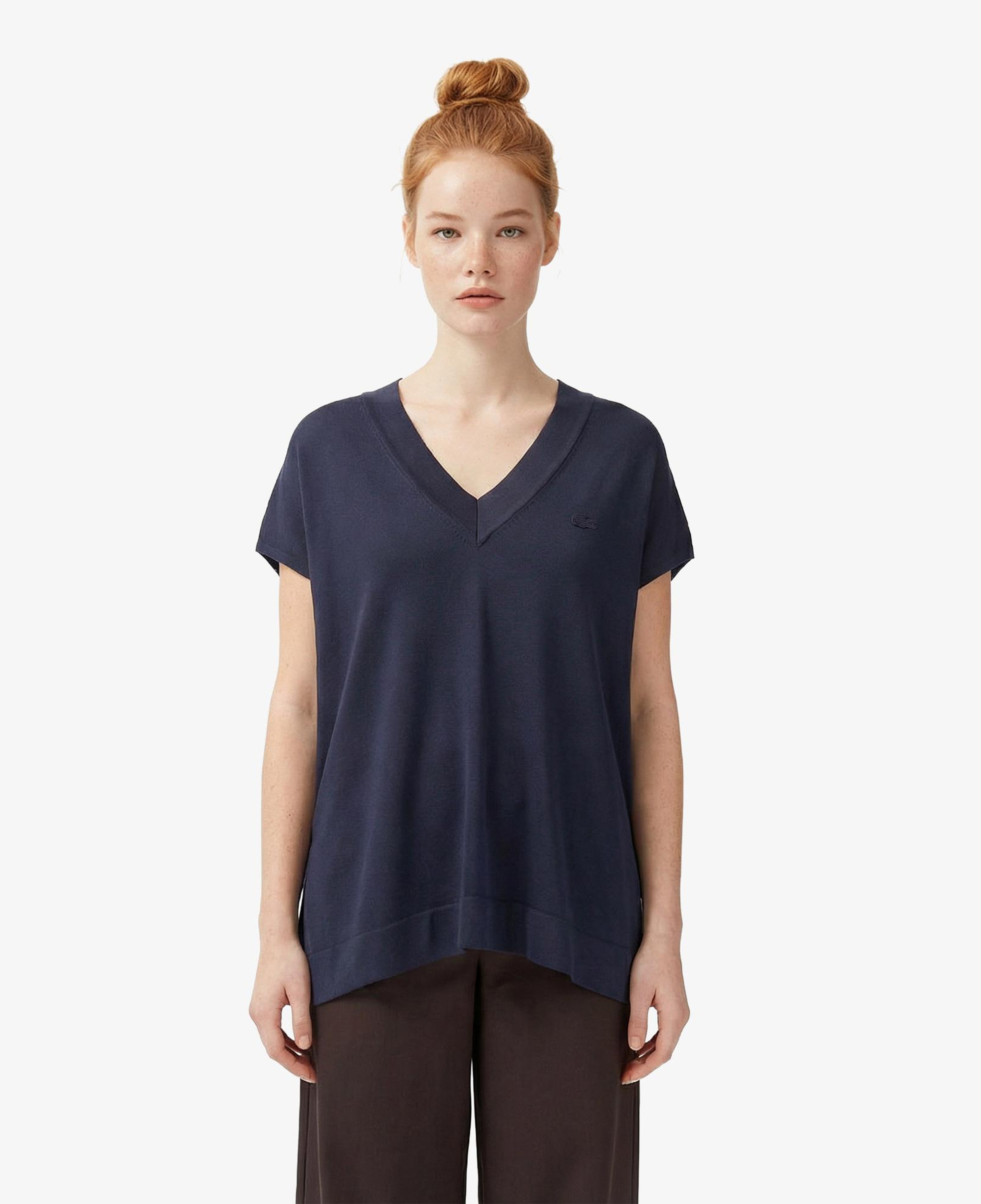 Lacoste Kadın Relaxed Fit Kısa Kollu V Yaka Koyu Gri Triko