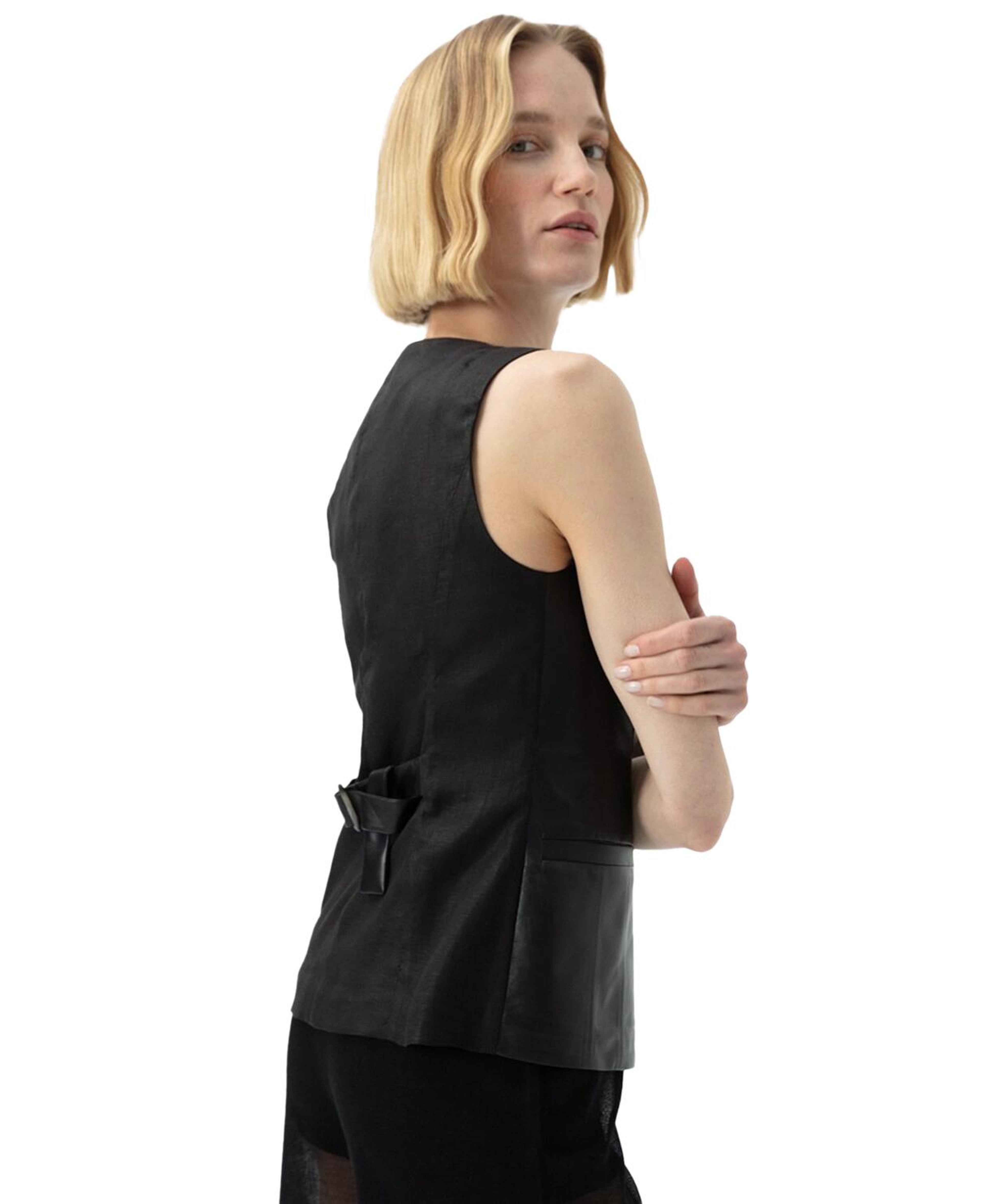 Siena Siyah Kadın Deri Keten Yelek/Bluz