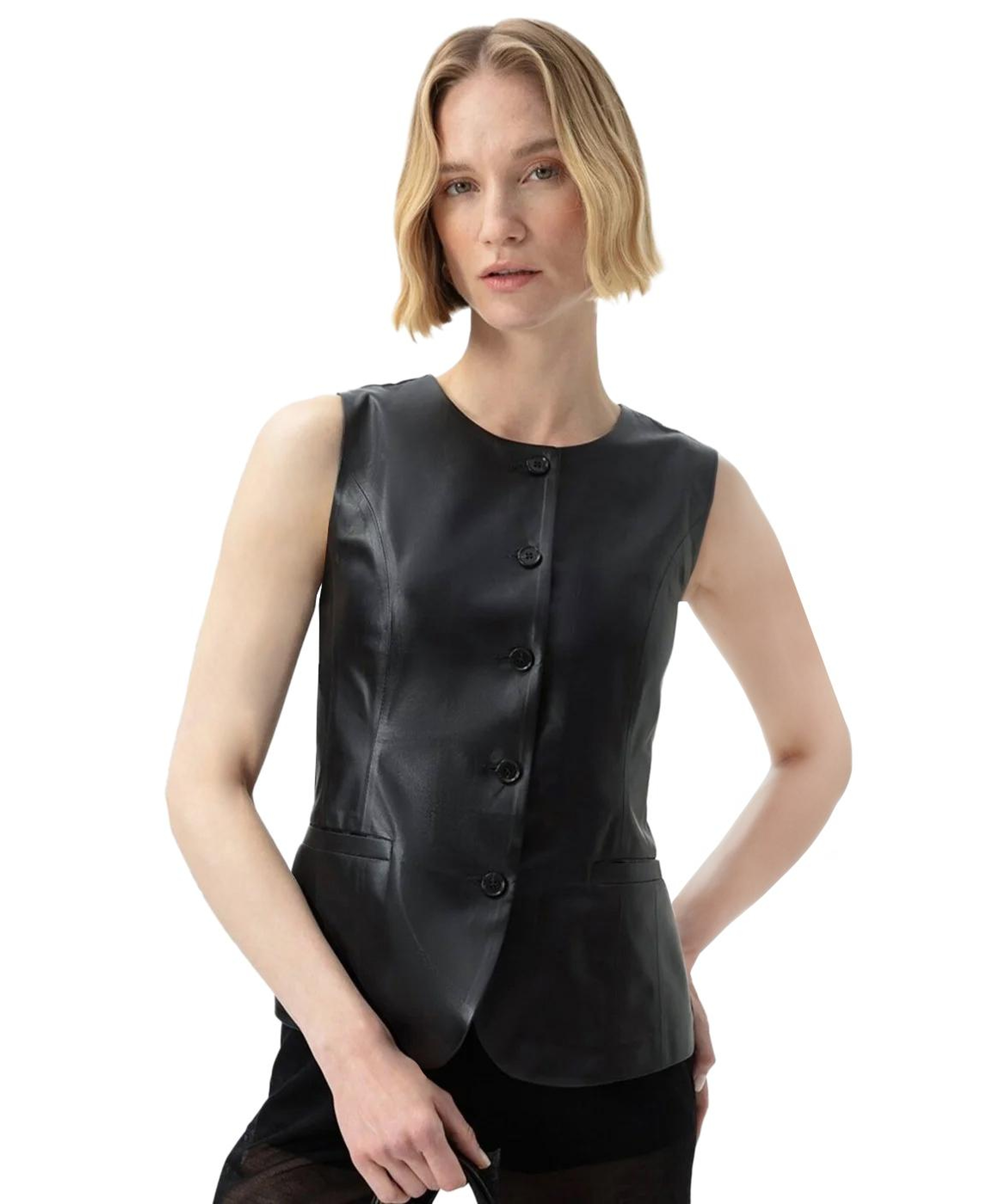 Siena Siyah Kadın Deri Keten Yelek/Bluz