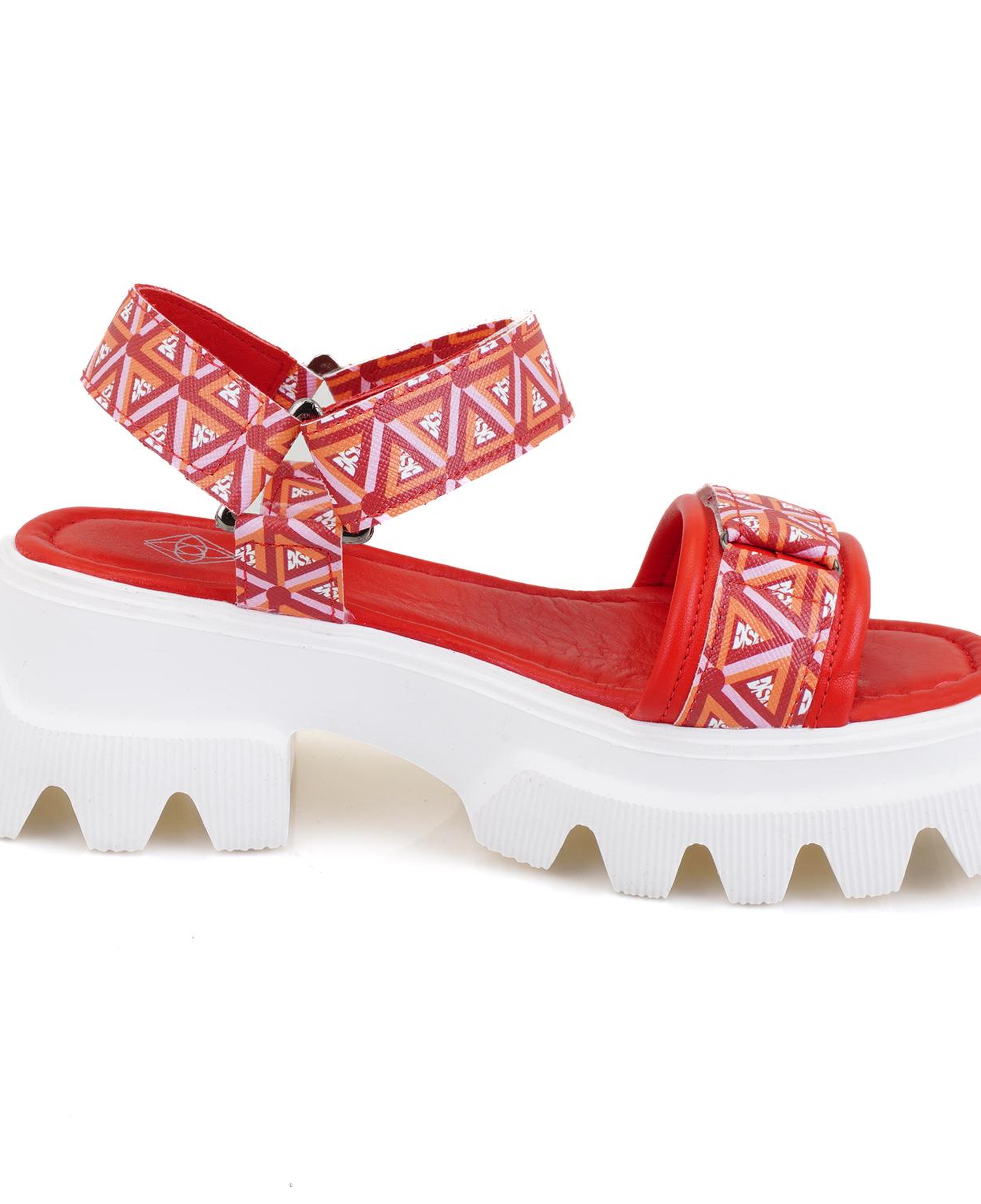 Kadın Kırmızı Monogram Desenli Dolgu Topuklu Sandalet