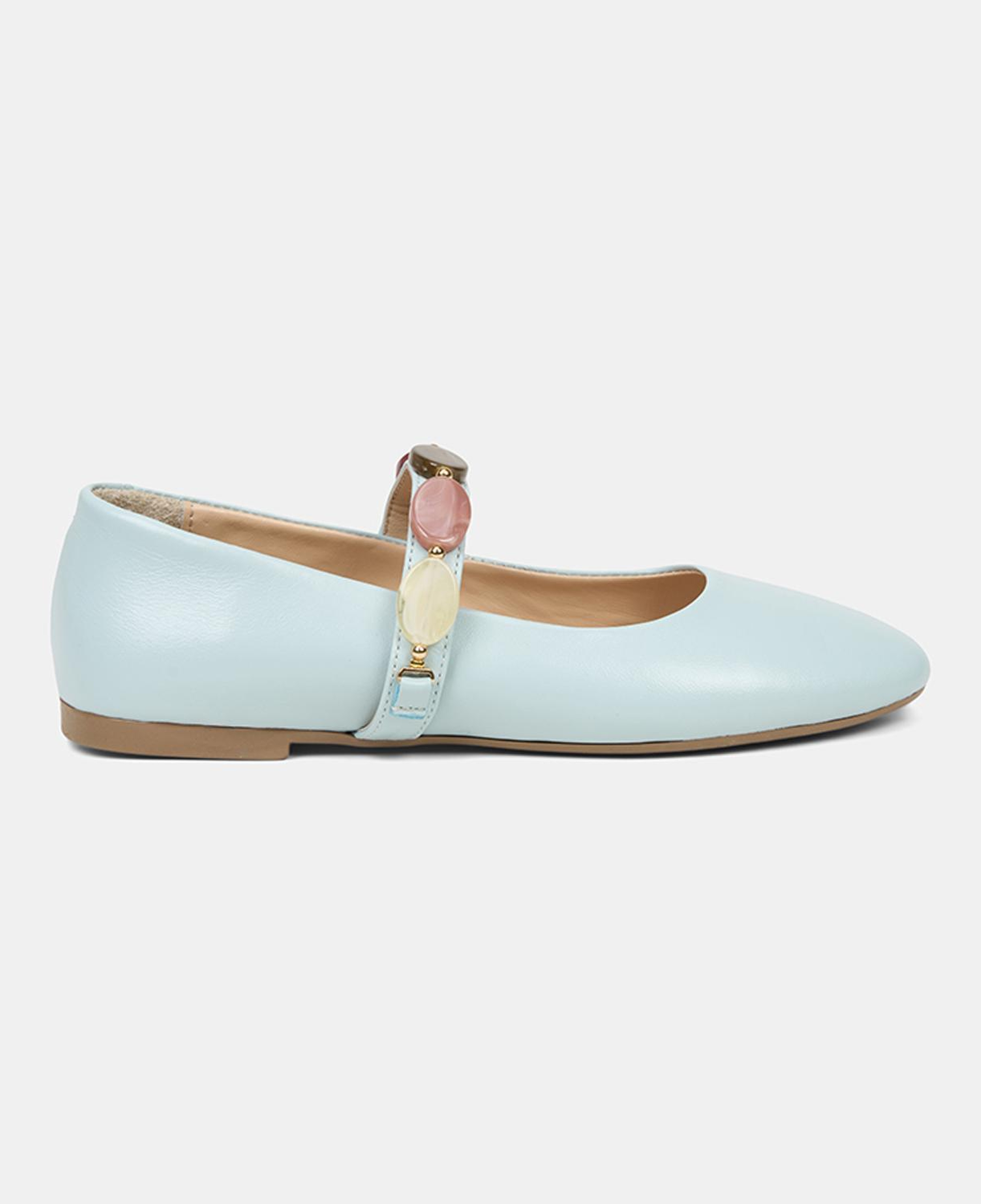 Kadın Mavi Renkli Taş Aksesuarlı Deri Babet