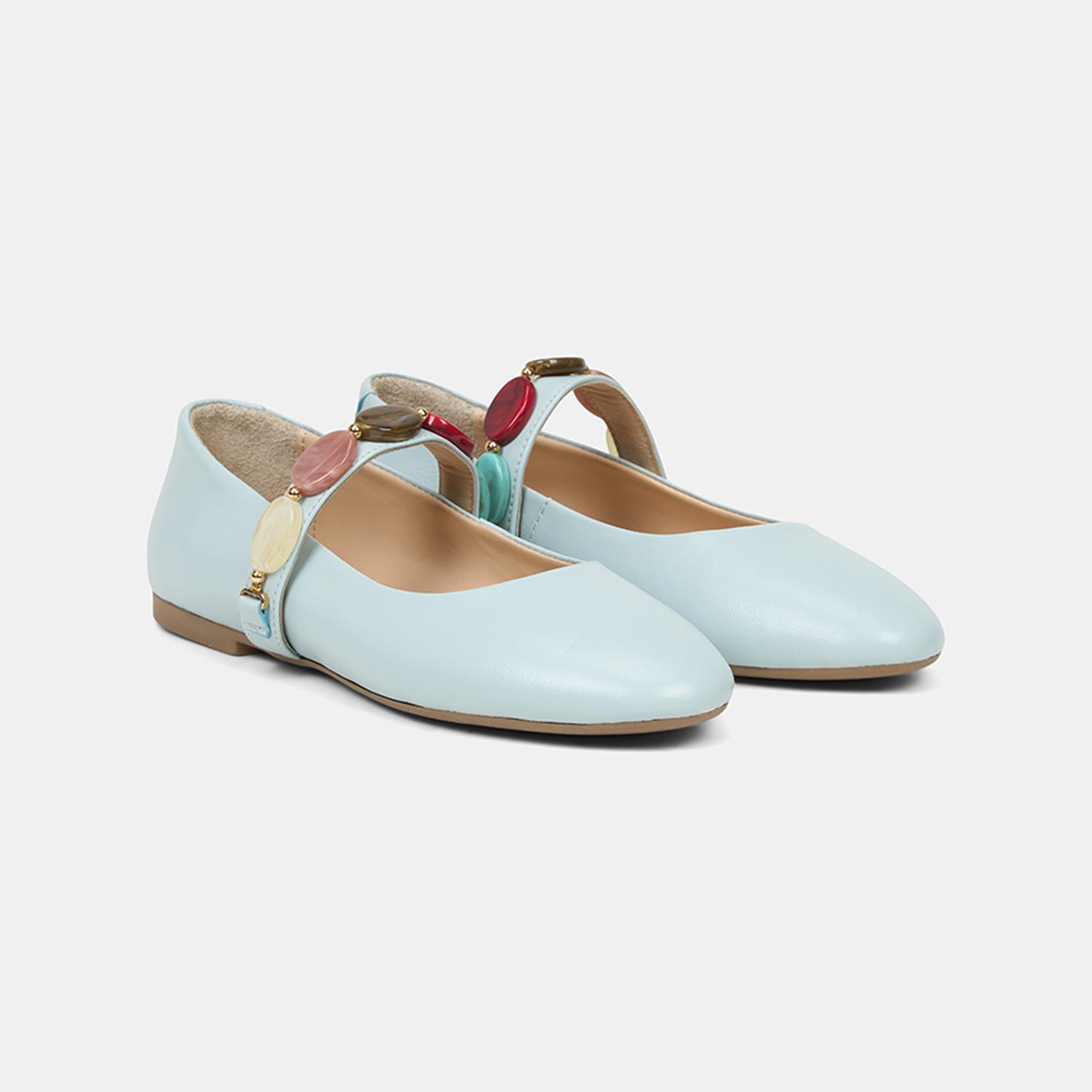 Kadın Mavi Renkli Taş Aksesuarlı Deri Babet