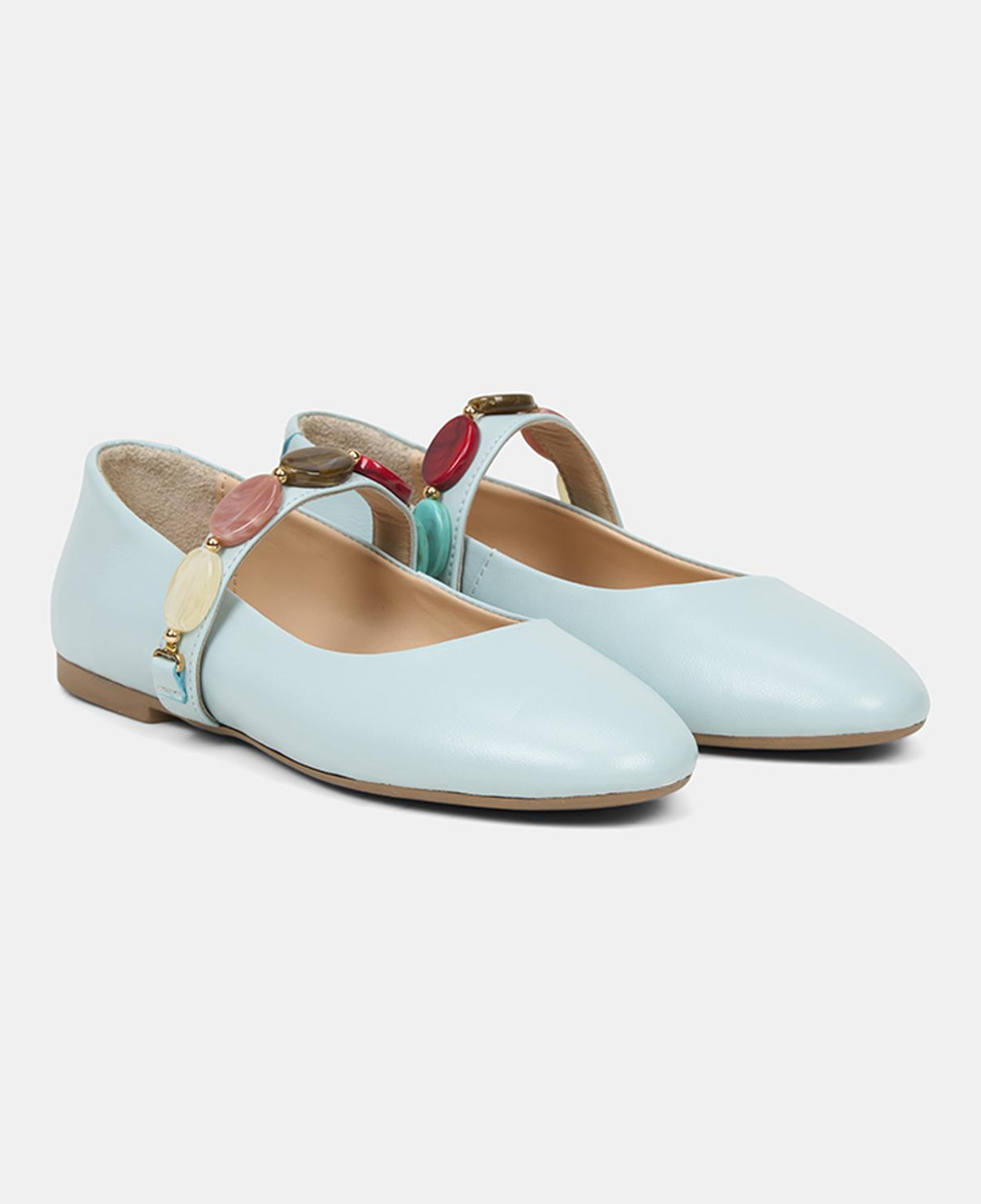 Kadın Mavi Renkli Taş Aksesuarlı Deri Babet