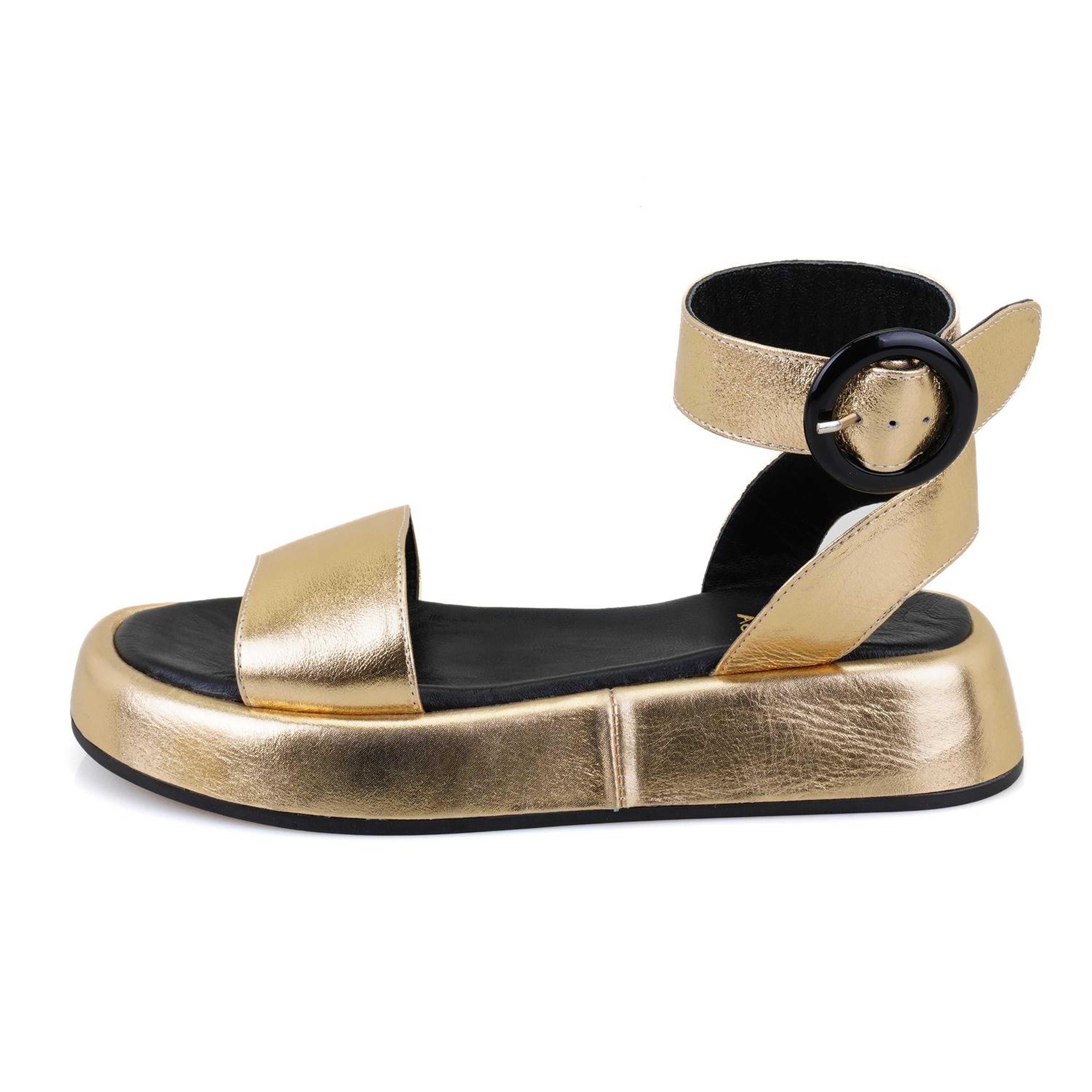 Kadın Altın Ayarlanabilir Tokalı Deri Sandalet