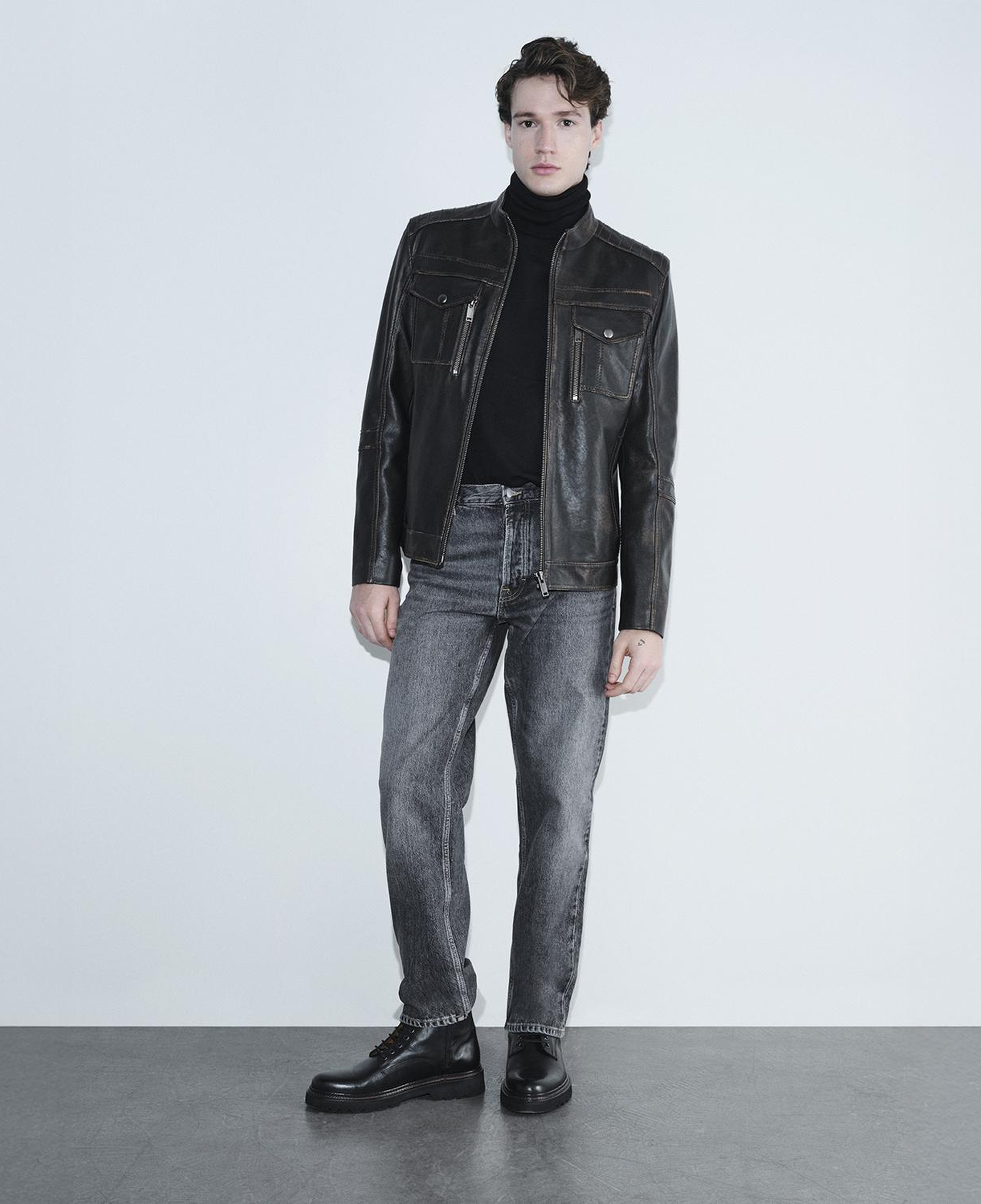 Erkek Kahve Eskitme Hakim Yakalı Deri Ceket