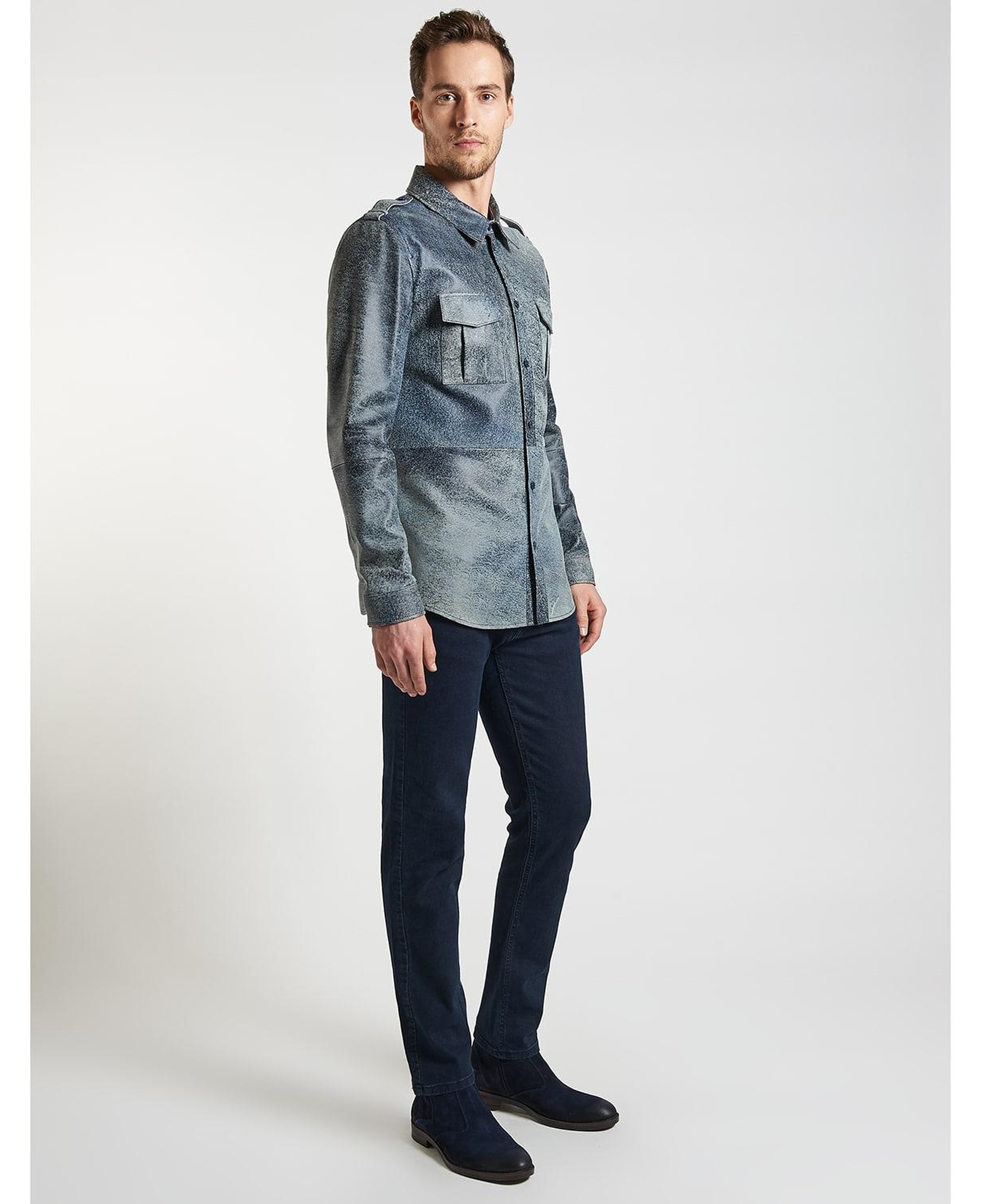 Lacivert Afshin Erkek Deri Gömlek