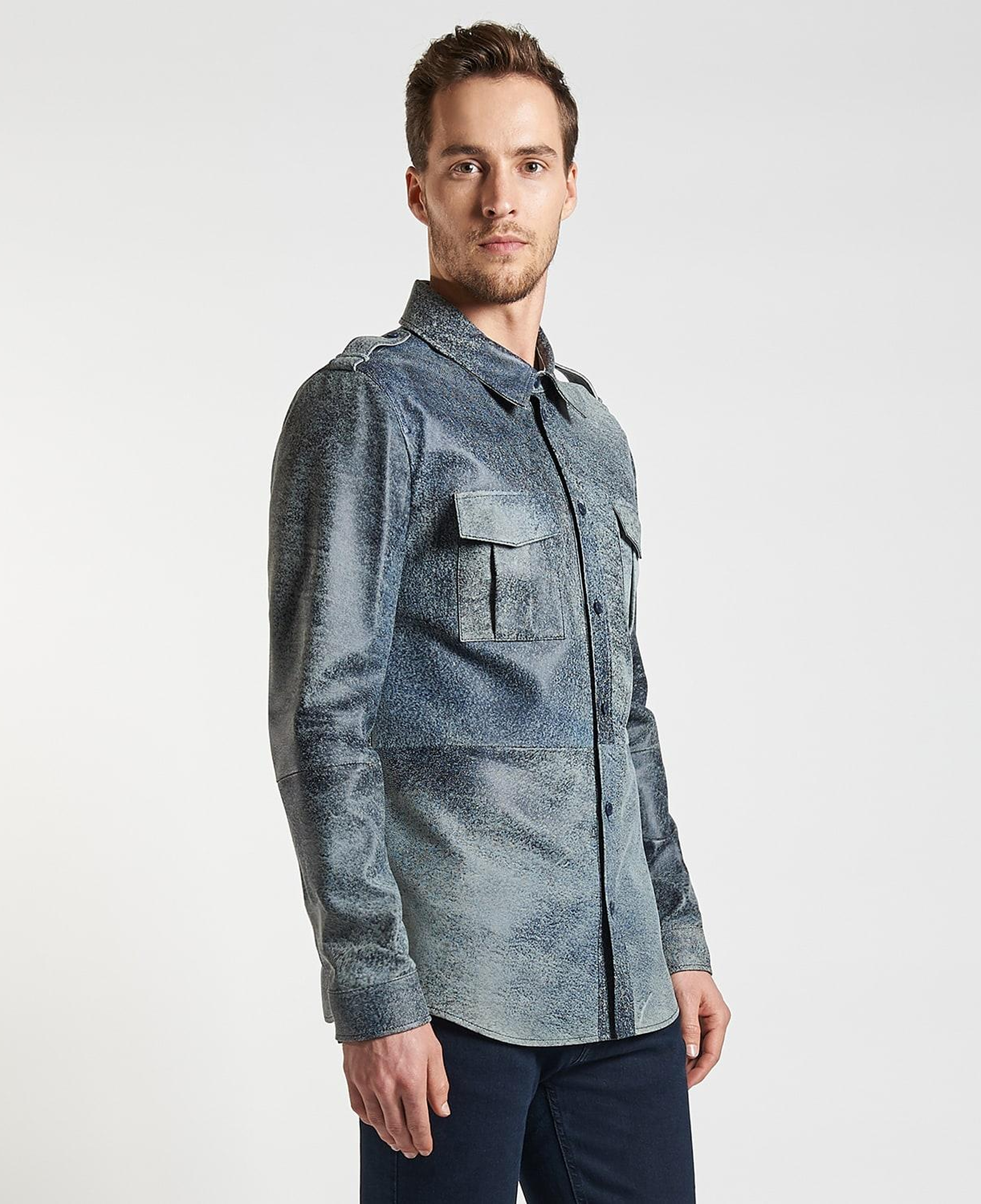 Lacivert Afshin Erkek Deri Gömlek