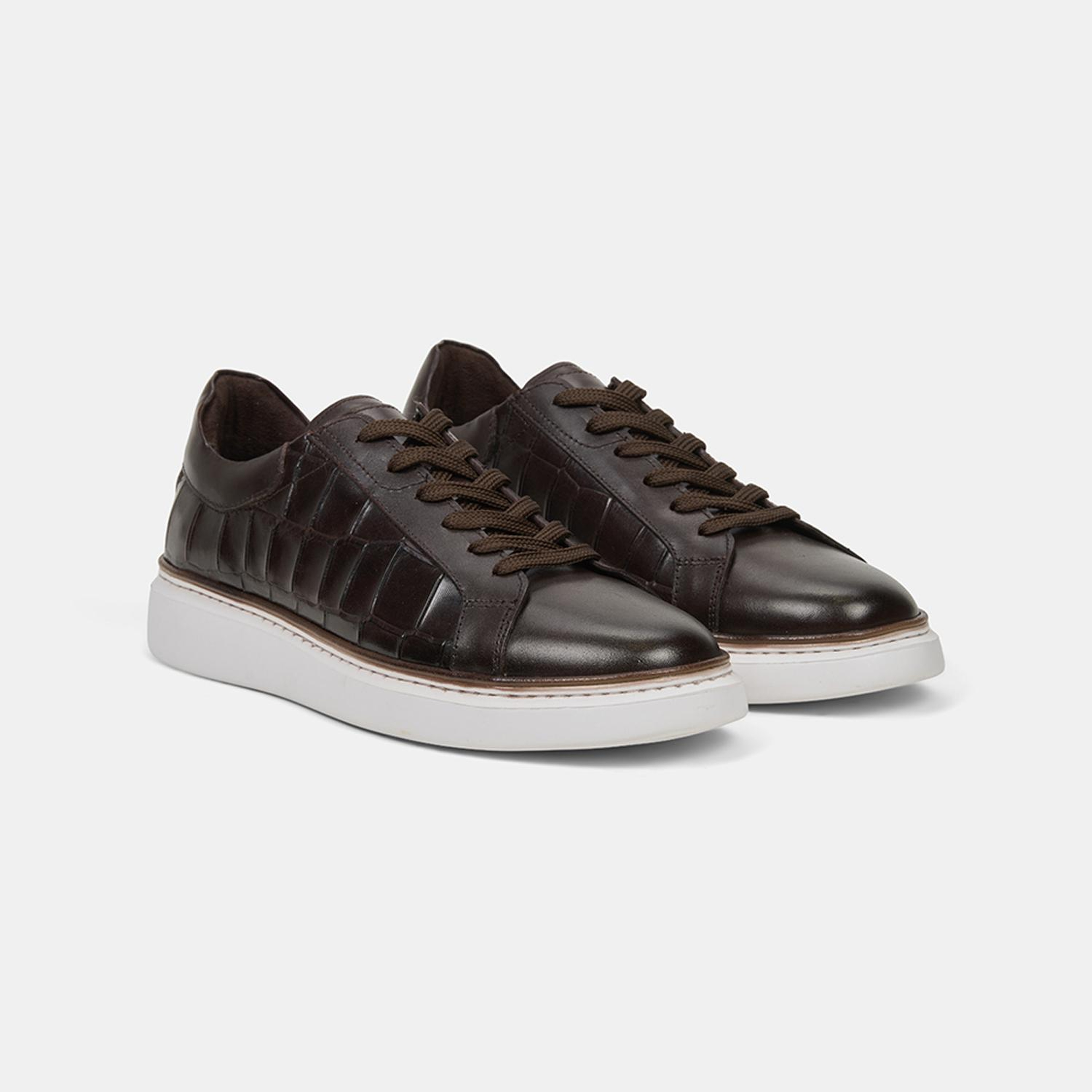 Erkek Kahve Bağcıklı Kroko Baskılı Deri Sneaker